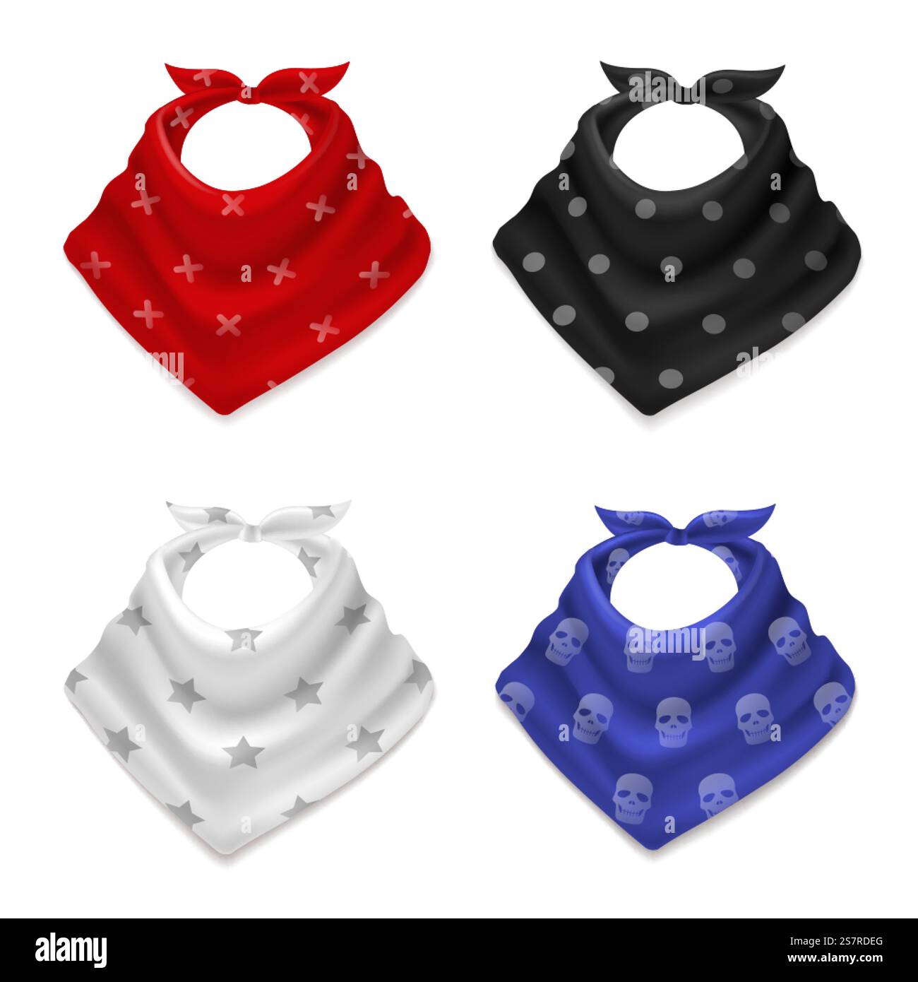 Realistischer Bandana-Schal. 3D Seide rot und blau, weiß und schwarz Schals mit Mustern, Cowboy Stil Halstücher mit verschiedenen Drucken, Mode Hals und Kopf Accessoires, gebunden Hanky Vektor isoliert Set. Realistischer Bandana-Schal. 3D Seide rot und blau, weiß und schwarz Schals mit Mustern, Cowboy Stil Halstücher mit Drucken, Mode Hals und Kopf Accessoires, gebunden Hanky Vektor Set Stock Vektor