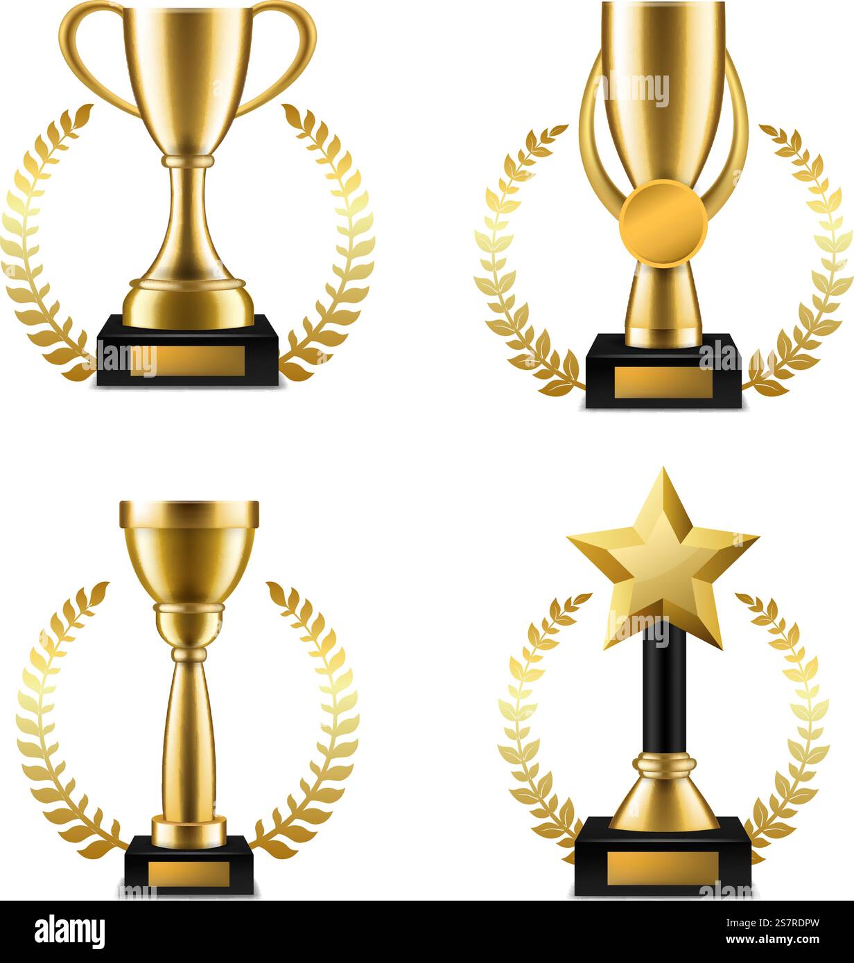 Goldene Tasse Trophäe mit Lorbeer. Sportmusik oder andere Wettbewerbe Siegerpreise, realistischer goldener Siegeskelch mit Kranzrahmen. Glückwunschzeremonie, Symbol der Führung und Erfolgsvektorset. Goldene Tasse Trophäe mit Lorbeer. Sportmusik oder andere Wettbewerbe Siegerpreise, realistischer Siegeskelch mit Kranzrahmen. Glückwunschzeremonie, Symbol für Führung und Erfolg, Vektorset Stock Vektor