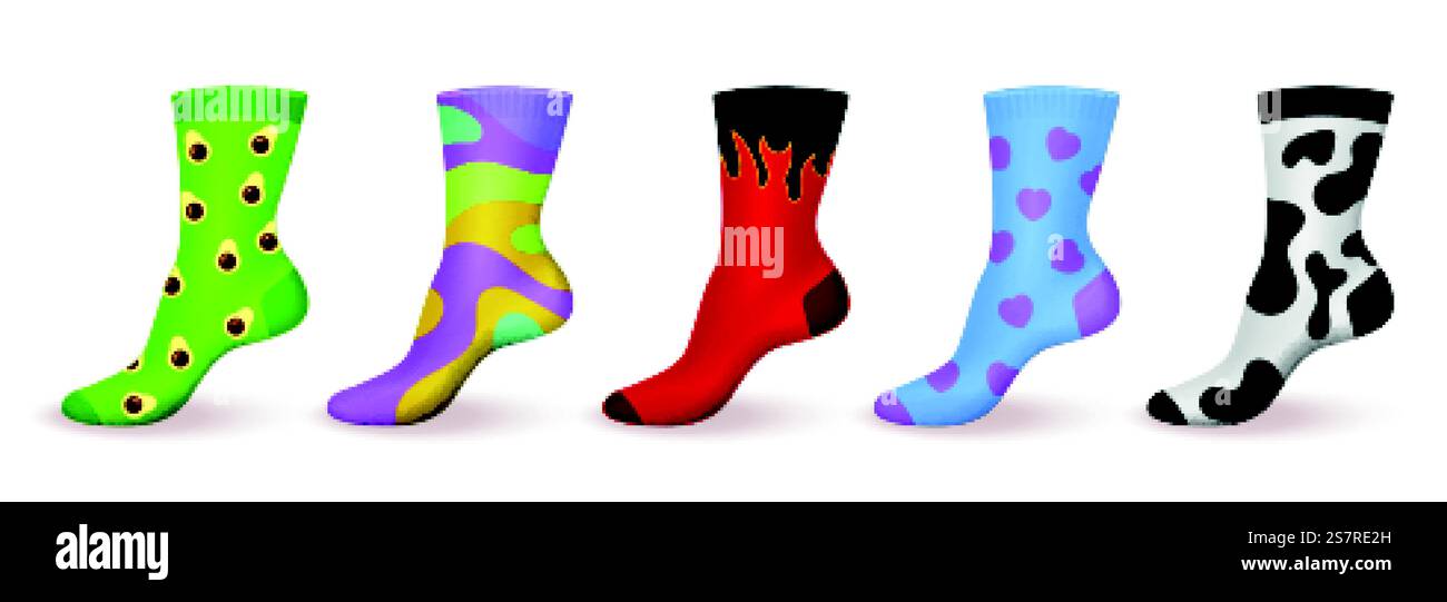 Socken mit realistischem Ornamentik. Gemustertes farbiges Design bequeme Fußbekleidung aus Baumwolle, lustige Socken für Kinder und Erwachsene, trendiges, helles Dekor für Sportfüße. Modernes Mode-Accessoire Vektor 3d isoliertes Set. Socken mit realistischem Ornamentik. Gemustertes farbiges Design bequeme Fußbekleidung aus Baumwolle, lustige Socken für Kinder und Erwachsene, trendiges, helles Dekor für Sportfüße. Modernes Zubehörvektor 3d isoliertes Set Stock Vektor