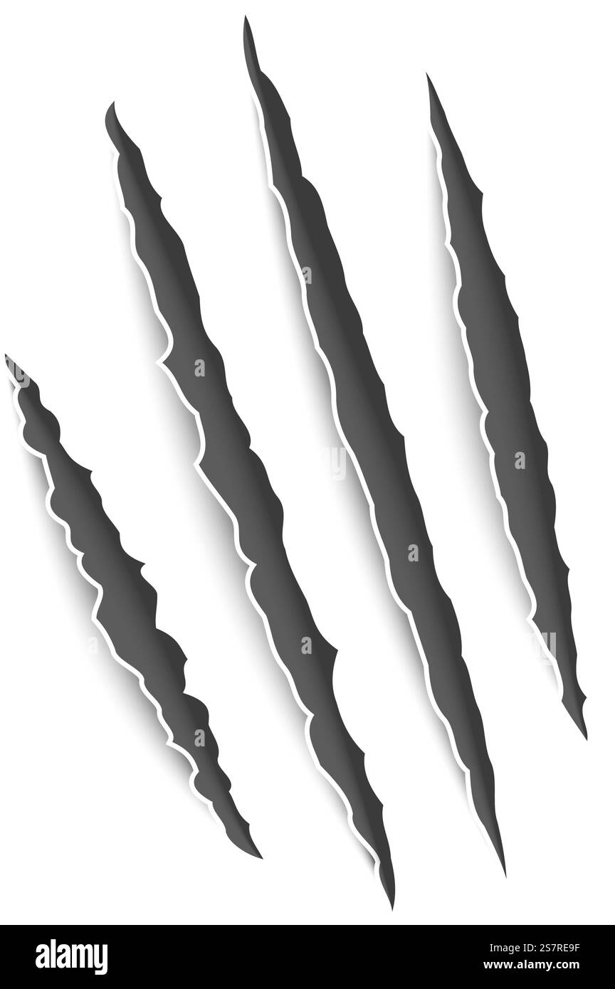 Markierungskralle. Kratzt realistische Klauen, Katzen und Tiger, wilde Löwen und Bärentiere Pfoten greifen Spuren an. Halloween-Monster, Horrorsymbol. Dekorationskollektion. Vektor auf weißem Hintergrund isoliert. Markierungskralle. Kratzt realistische Klauen, Katzen und Tiger, wilde Löwen und Bärentiere Pfoten greifen Spuren an. Halloween-Monster, Horrorsymbol. Dekorationskollektion. Vektor-isolierter Satz Stock Vektor