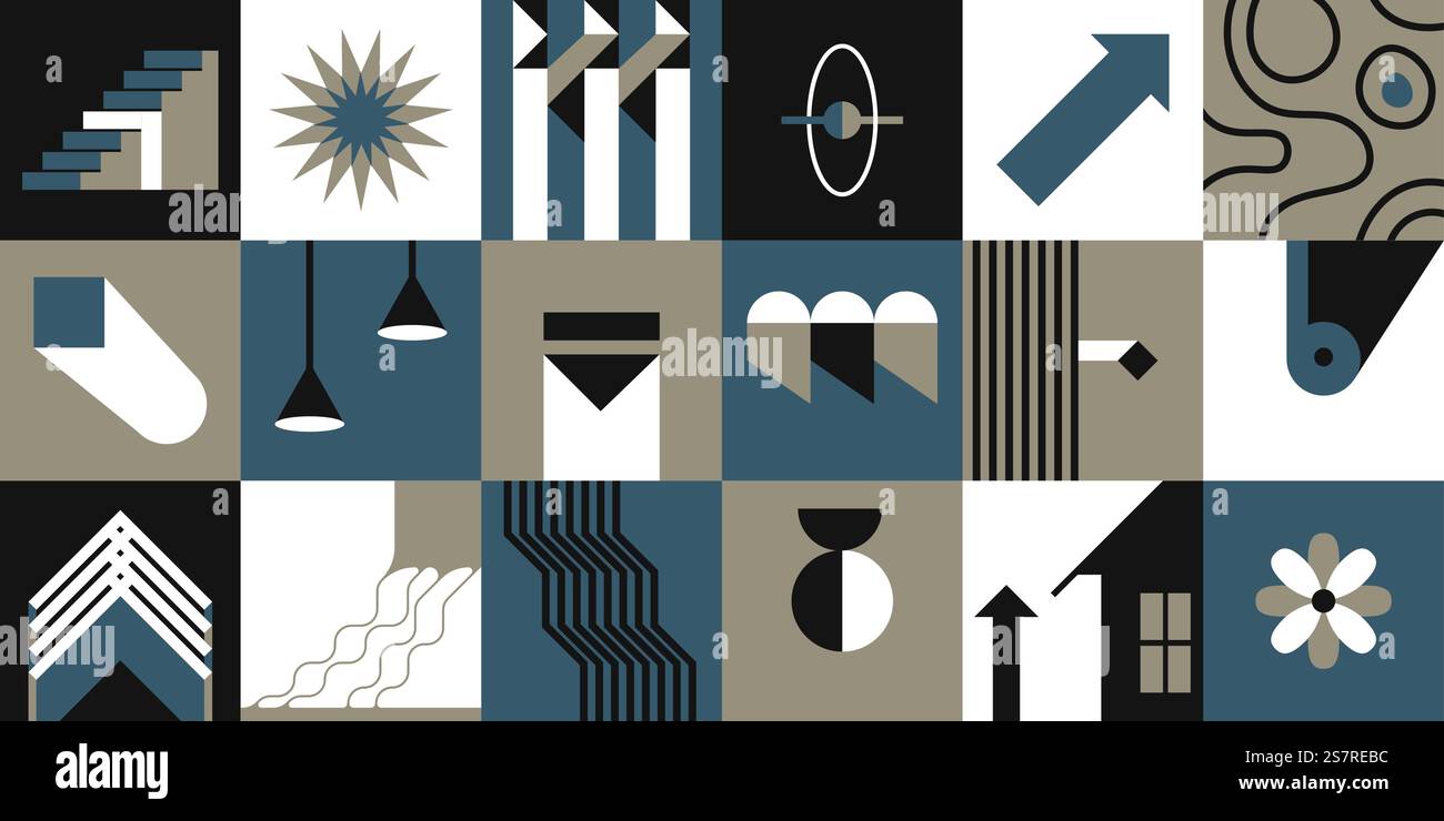 Quadrate mit abstrakten Drucken und Zeichnungen, geometrische Formen in Rastern. Kachel mit Pfeil, der Richtung, Lampen, Sonnenschein und Haus anzeigt. Minimalistische Blumen- und Treppenstiege-Kunst. Vektor in abgewickelter Form. Abstrakte Quadrate, Gitter mit geometrischer Linienform Stock Vektor