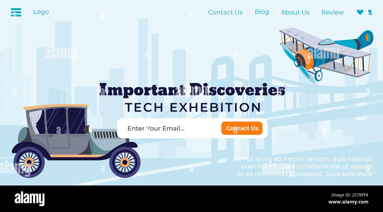 Ausstellung exklusiver Autos und Hubschrauber des 19. Jahrhunderts. Geschichte der entwicklungstechnischen Errungenschaften in Verkehr und Luftfahrt. Vorlage für Website-Landing-Site, Online-Site-Vektor in flacher Form. Technische Ausstellung von technischen Entdeckungen Website Stock Vektor