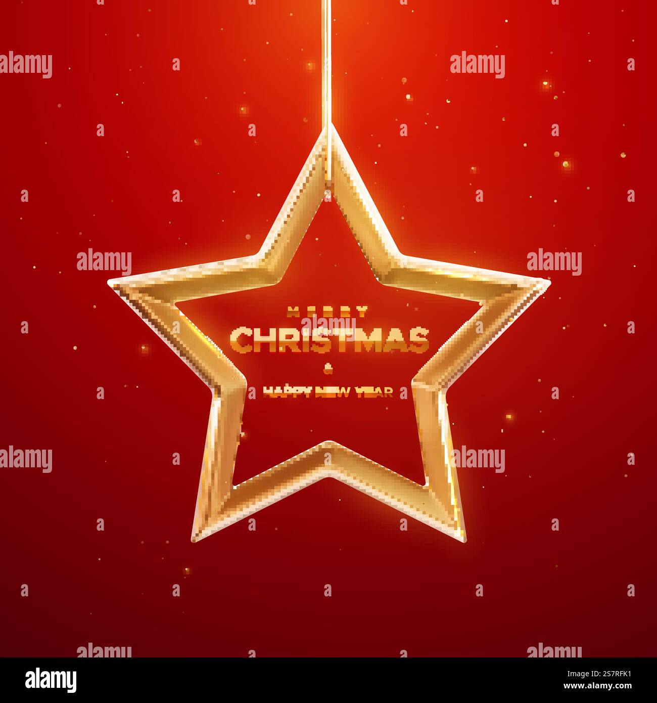 Goldener Weihnachtsstern mit goldenen Konfetti-Partikeln isoliert auf rotem Hintergrund. „Merry Christmas“-Bannerdesign. Vektor-3D-Illustration des hängenden goldenen Sternrahmens. Festliches Schild. Goldener Weihnachtsstern mit goldenen Konfetti-Partikeln isoliert auf rotem Hintergrund. Stock Vektor