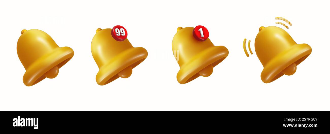 Glocke mit 3D-Symbolen für Klingeln mit Hinweisschild mit Abbildung. Vektor-realistisches Klingelsymbol. Glocke mit 3D-Symbolen für Klingeln mit Hinweisschild mit Abbildung. Vektor-realistisches Klingelsymbol. Stock Vektor