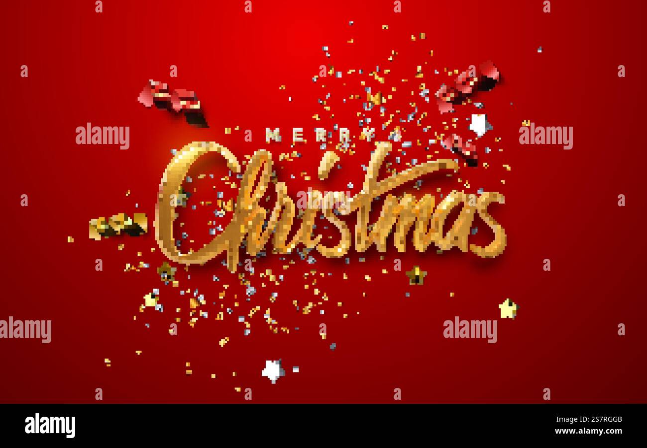 Frohe Weihnachten. Vektor-3D-Illustration. Festlicher goldener Schriftzug auf rotem Hintergrund mit Konfetti-Partikeln, Lametta, Streamer, Sternen. Festliches Bannerdesign. Christlich-religiöses Ereignisschild. Frohe Weihnachten. Vektor-3D-Illustration. Stock Vektor