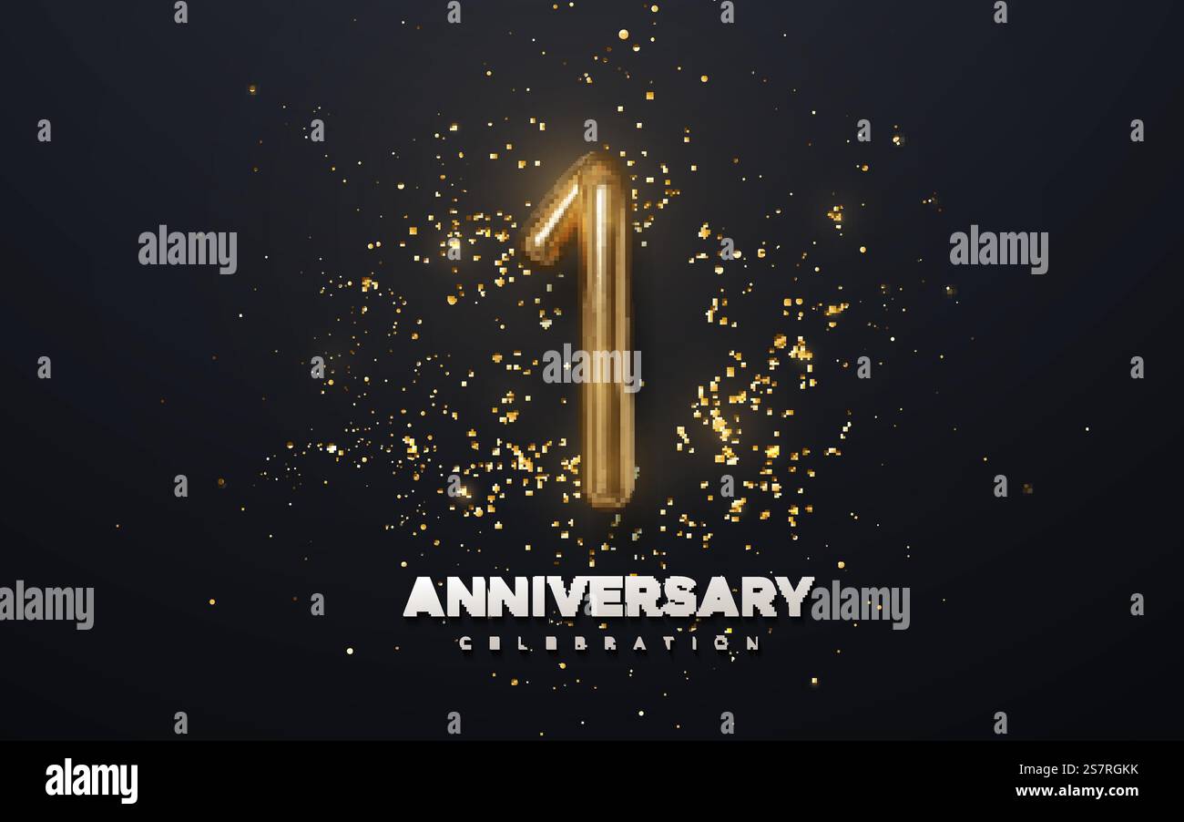 Feier zum ersten Jahrestag. Goldene Zahl 1 mit funkelnden Konfetti-Partikeln, isoliert auf schwarzem Hintergrund. Vektor-festliche Illustration. Realistisches 3D-Zeichen. Dekoration für Geburtstage oder Hochzeitsparty. Feier zum ersten Jahrestag. Goldene Zahl 1 mit funkelnden Konfetti-Partikeln, isoliert auf schwarzem Hintergrund. Stock Vektor