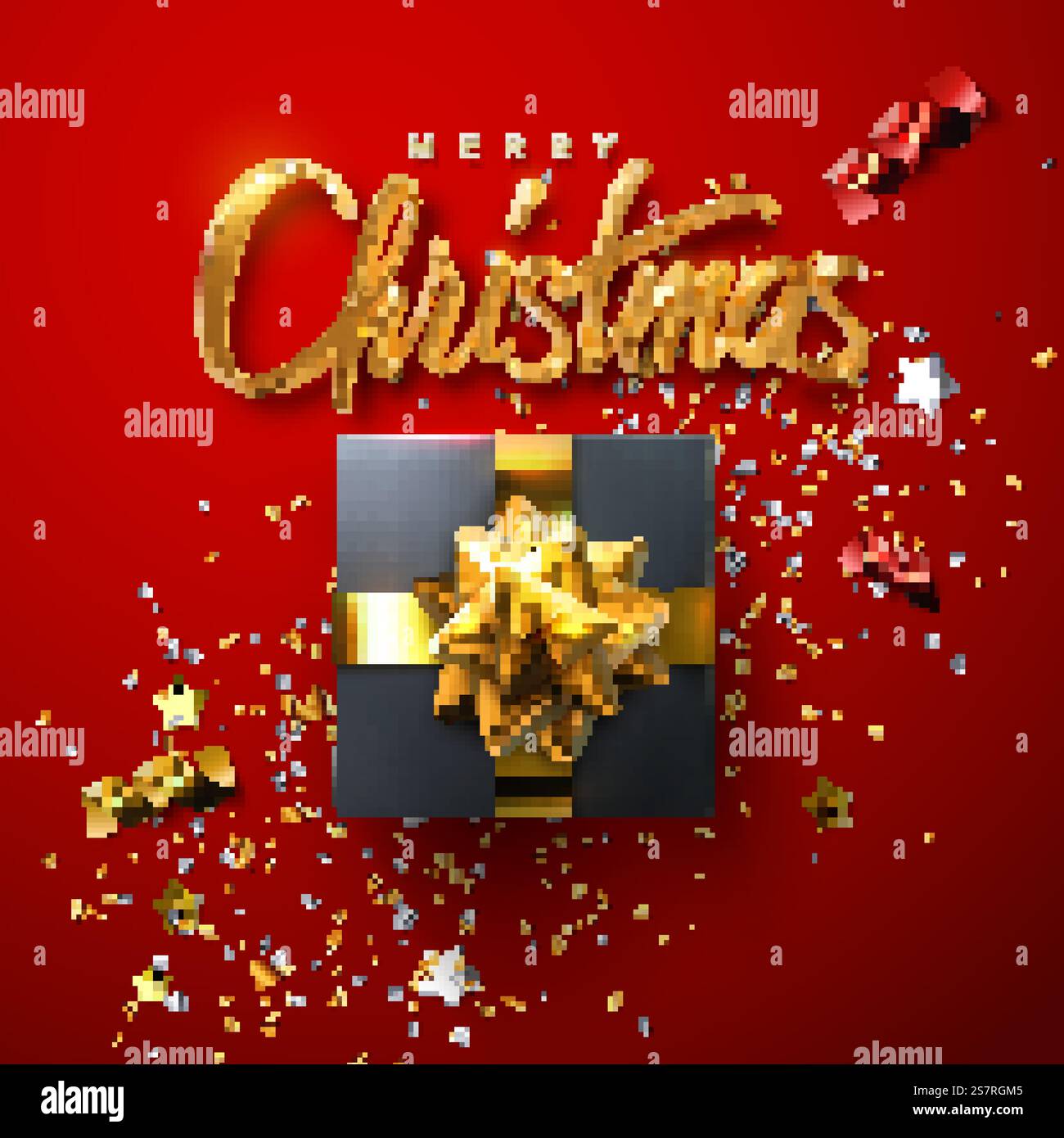 Frohe Weihnachten. Vektor-3D-Illustration. Festlicher goldener Schriftzug auf rotem Hintergrund mit Konfetti-Partikeln, Lametta, Streamer, Sternen, Geschenkbox. Festliches Bannerdesign. Christlich-religiöses Ereignisschild. Frohe Weihnachten. Vektor-3D-Illustration. Stock Vektor