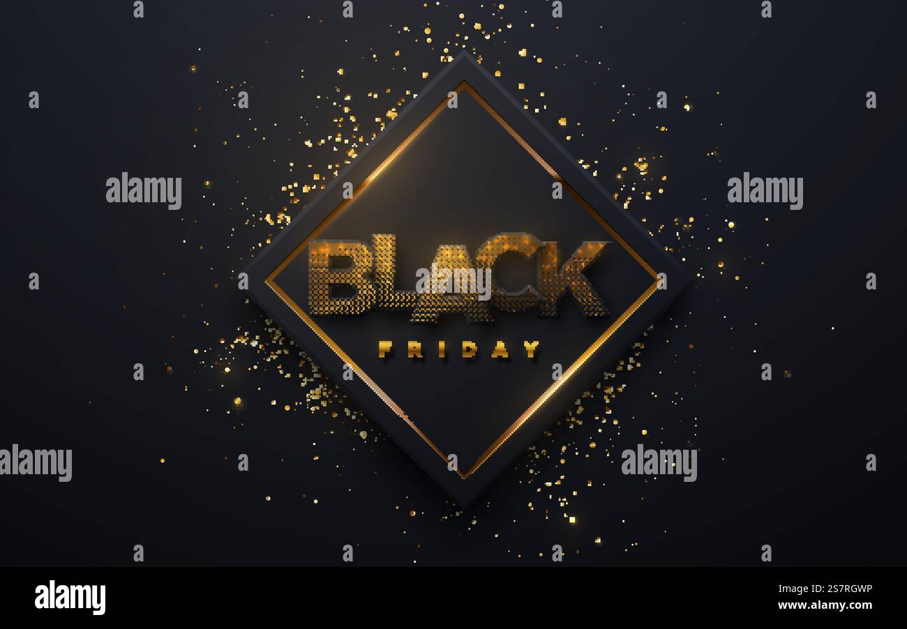 Black Friday Sale Bannerdesign. Vektor-Illustration mit schwarzem Papierbuchstabenschild mit Glitzern auf geometrischem quadratischem Hintergrund mit goldenen Konfetti-Partikeln. Vorlage für Werbeplakate. Black Friday Sale Bannerdesign Stock Vektor