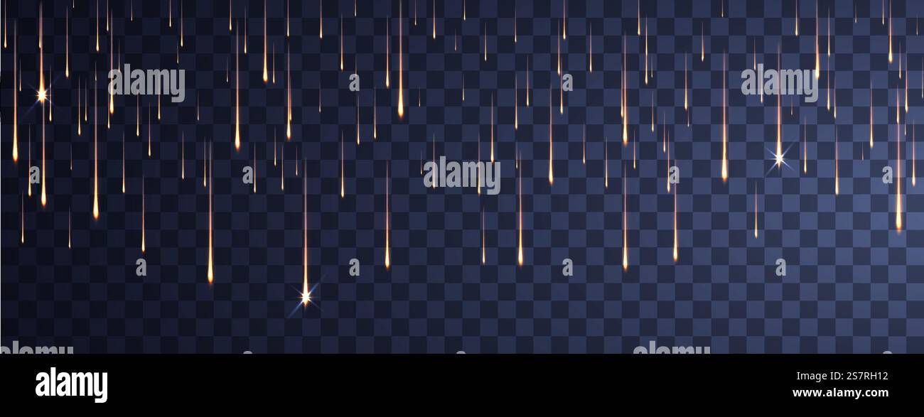 Glänzende goldene Partikel. Meteoritenregen. Fallende leuchtende Kometen auf transparentem Hintergrund. Das Licht des Sturzes eines Meteoriten-Asteroiden, Komet. Glänzende goldene Partikel. Meteoritenregen. Fallende leuchtende Kometen auf transparentem Hintergrund. Das Licht des Sturzes eines Meteoriten-Asteroiden, Komet Stock Vektor
