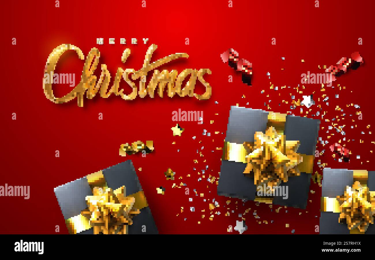 Frohe Weihnachten. Vektor-3D-Illustration. Festlicher goldener Schriftzug auf rotem Hintergrund mit Konfetti-Partikeln, Lametta, Streamer, Sternen, Geschenkboxen. Festliches Bannerdesign. Christlich-religiöses Ereignisschild. Frohe Weihnachten. Vektor-3D-Illustration. Stock Vektor