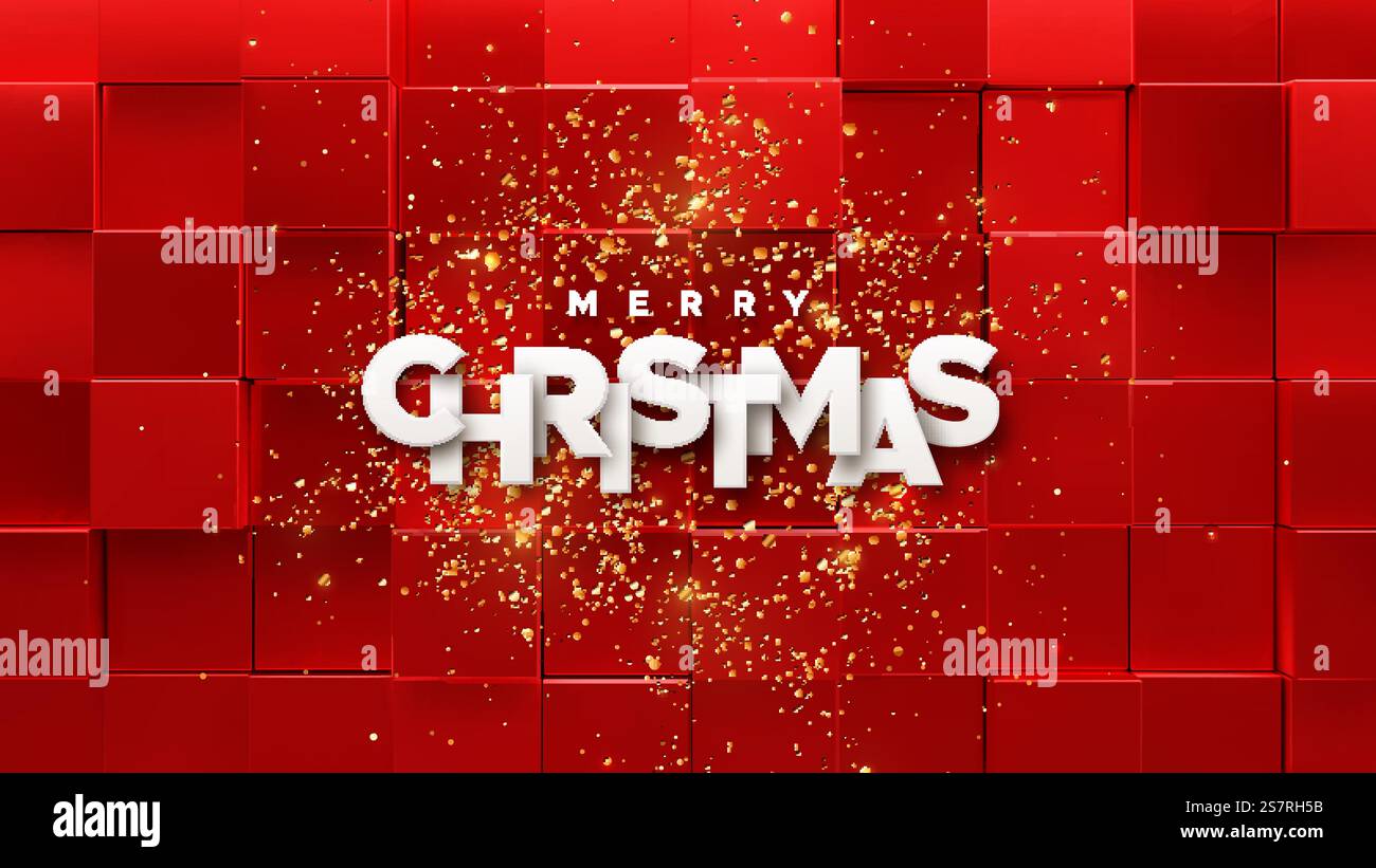 Weißes Papierschild mit goldenen Konfetti-Partikeln auf rotem geometrischem Hintergrund. Vektor-Feiertagsillustration. Festliches Bannerdesign. Weißes Papierschild mit goldenen Konfetti-Partikeln auf rotem geometrischem Hintergrund. Stock Vektor