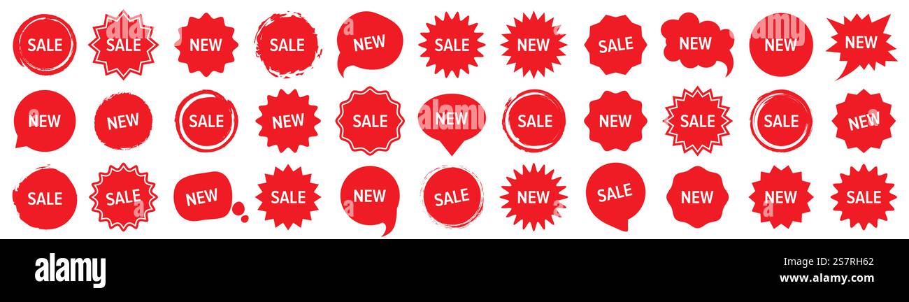 Verkauf und neues rotes Etikett für Werbeaktionen in flachem Design Stock Vektor