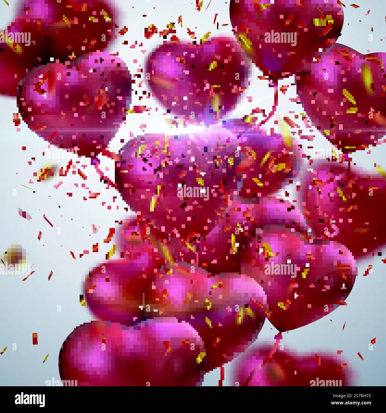 Ballon Hearts. Vektor-Feiertagsillustration von fliegenden Bünden roter Ballonherzen, Linsenflare Lichteffekt, funkelndes goldenes Konfetti. Alles Gute Zum Valentinstag. Festliche Dekoration. Hochzeitshintergrund. Ballon Hearts. Stock Vektor