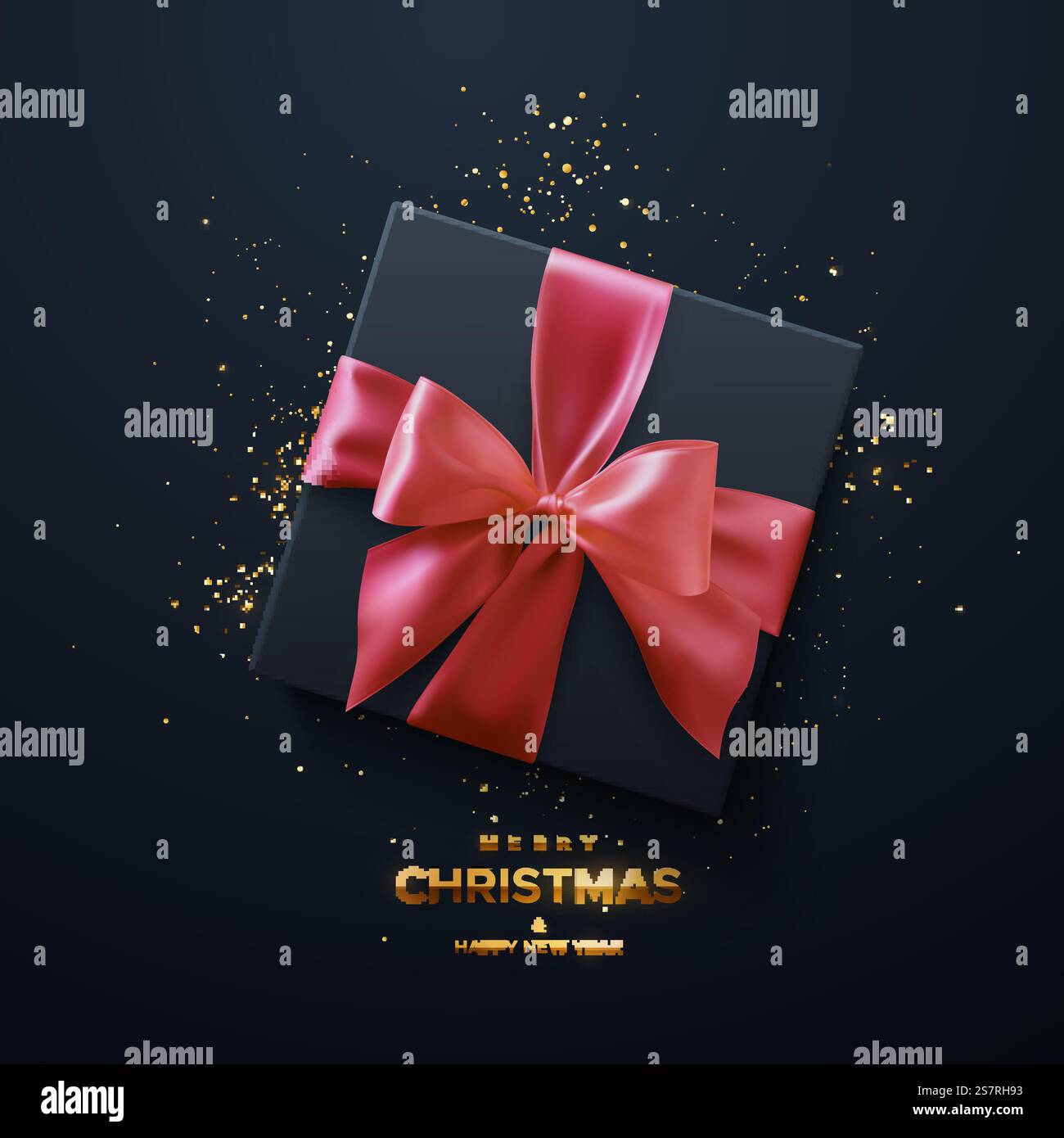 Frohe Weihnachten und glückliches neues Jahr, goldenes Zeichen. Schwarze Geschenkbox mit rosa Schleife und kreuzenden Bändern auf schwarzem Hintergrund. 3D-Illustration für Vektor-Feiertage. Quadratische Box mit goldenen Konfetti-Partikeln. Draufsicht. Frohe Weihnachten und glückliches neues Jahr, goldenes Zeichen. Schwarze Geschenkbox mit rosa Schleife und kreuzenden Bändern auf schwarzem Hintergrund. Stock Vektor