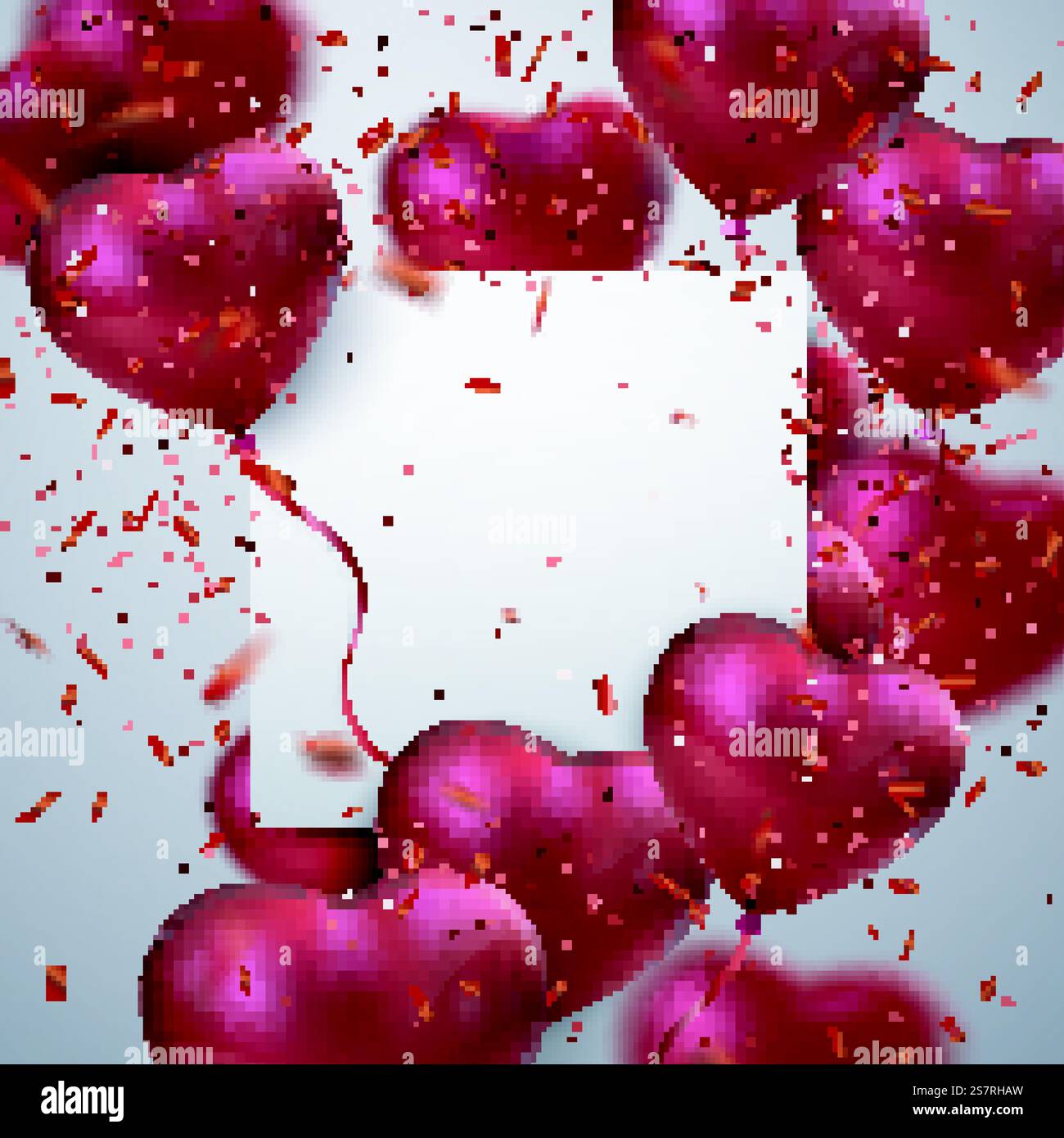 Ballon Hearts. Vektor-Feiertagsillustration von fliegenden Haufen roter Ballonherzen, Papierbanner und Konfetti-Partikel. Valentinstag oder Hochzeitseinladung, festliche Dekoration. Ballon Hearts. Vektor-Feiertagsillustration Stock Vektor