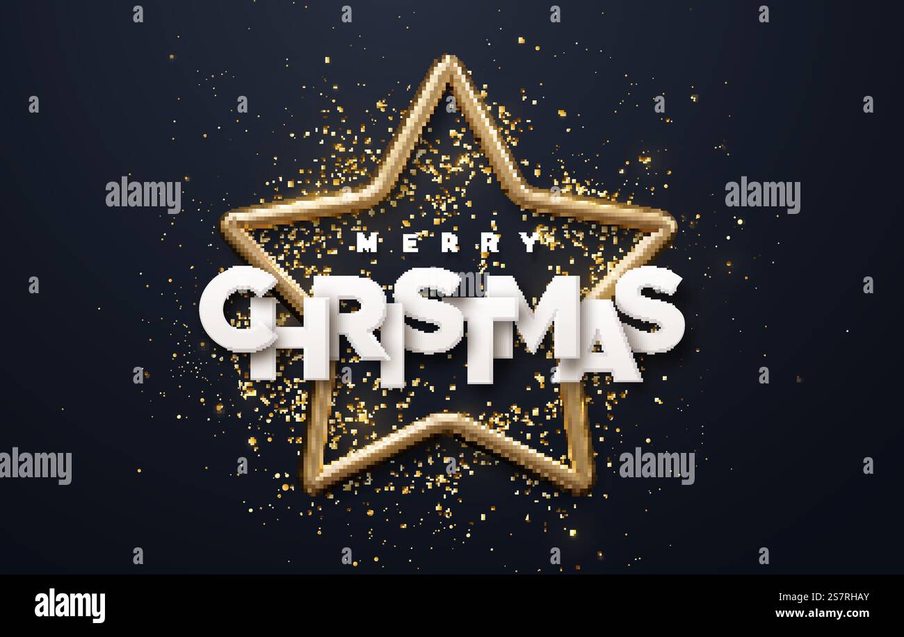Weißes Papierschild und goldener Weihnachtsstern mit Konfetti-Partikeln auf schwarzem Hintergrund. Weihnachtsbanner. 3D-Illustration für Vektor-Feiertage. Festliches Schild. Weißes Papierschild und goldener Weihnachtsstern mit Konfetti-Partikeln auf schwarzem Hintergrund. Stock Vektor
