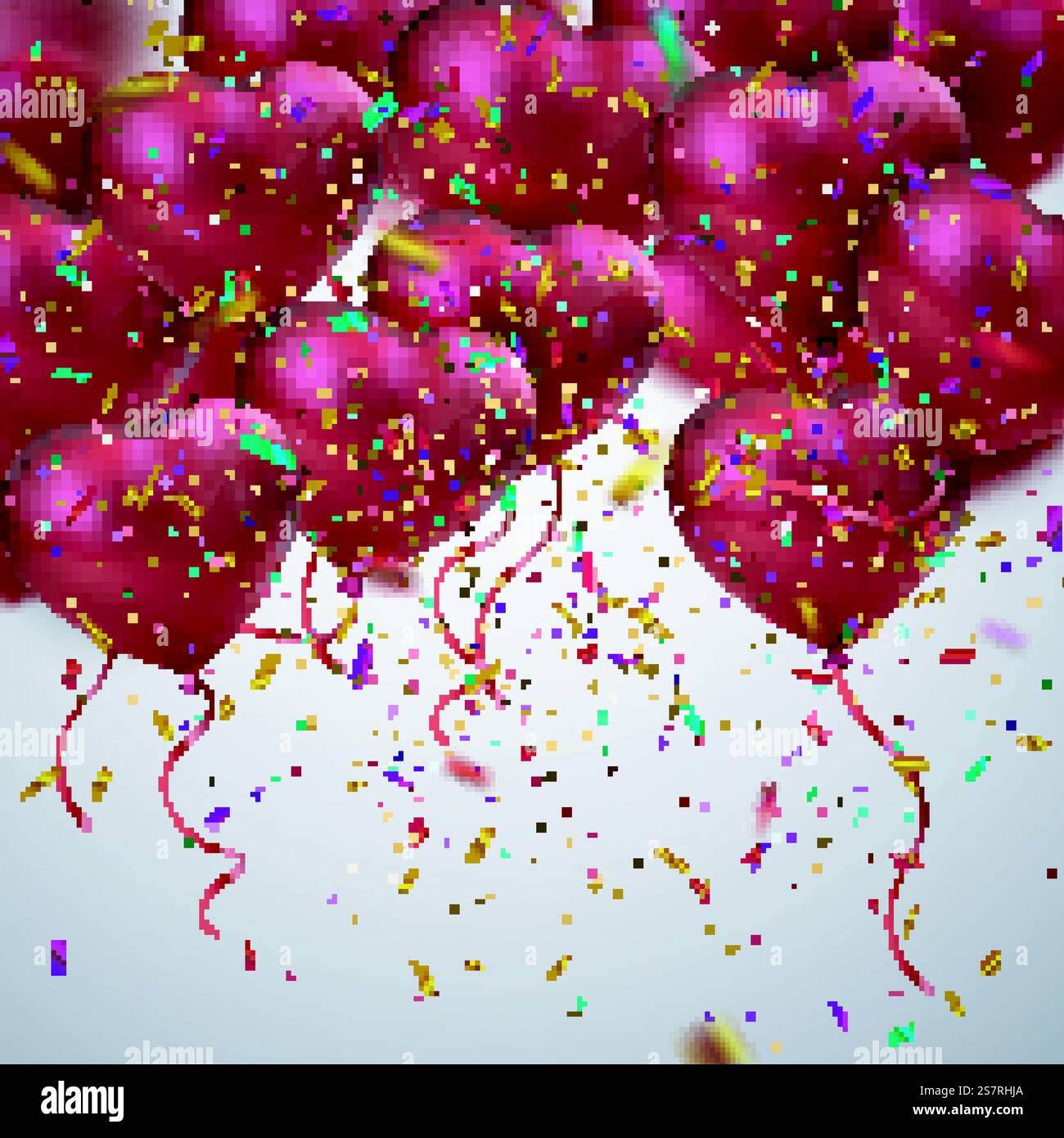 Ballon Hearts. Vektor-Feiertagsillustration von fliegenden Haufen roter Ballonherzen und funkelndem Konfetti. Alles Gute Zum Valentinstag. Festliche romantische Dekoration. Hochzeitskonzept. Ballon Hearts. Stock Vektor