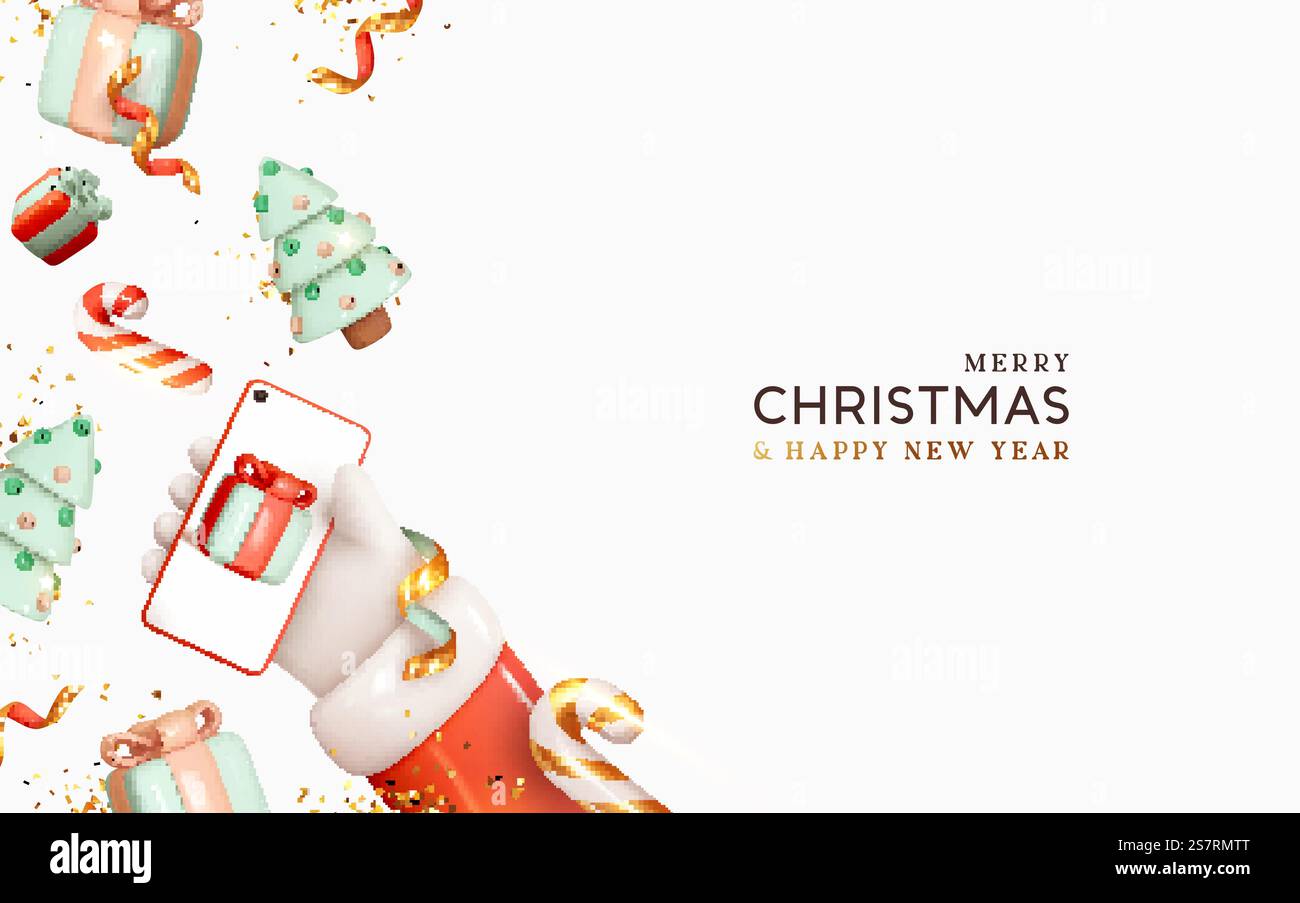 Smartphone mit dekorativem Weihnachtsmotiv. Mobiler Bildschirm für die Präsentation von Anwendungen, Online-Shops, Werbeaktionen für Feiertage, Vorlage für Neujahrsangebote. Top-Fall-Effekt Stock Vektor