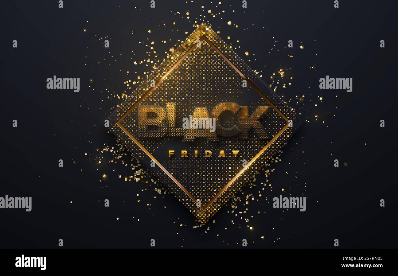 Black Friday Sale Bannerdesign. Vektor-Illustration mit schwarzem Papierbuchstabenschild mit Glitzern auf geometrischem quadratischem Hintergrund mit goldenen Konfetti-Partikeln. Vorlage für Werbeplakate. Black Friday Sale Bannerdesign Stock Vektor