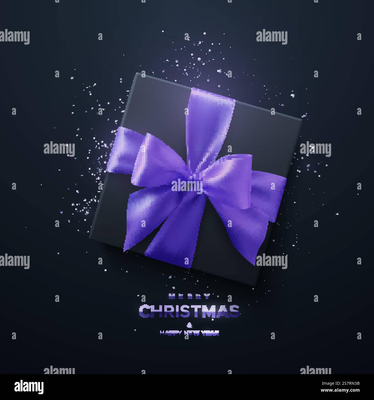 Merry Christmas and Happy New Year Metallic-Schild. Schwarze Geschenkbox mit lila Schleife und kreuzenden Bändern auf schwarzem Hintergrund. 3D-Illustration für Vektor-Feiertage. Quadratische Box mit Konfetti-Partikeln. Draufsicht. Merry Christmas and Happy New Year Metallic-Schild. Schwarze Geschenkbox mit lila Schleife und kreuzenden Bändern auf schwarzem Hintergrund. Stock Vektor