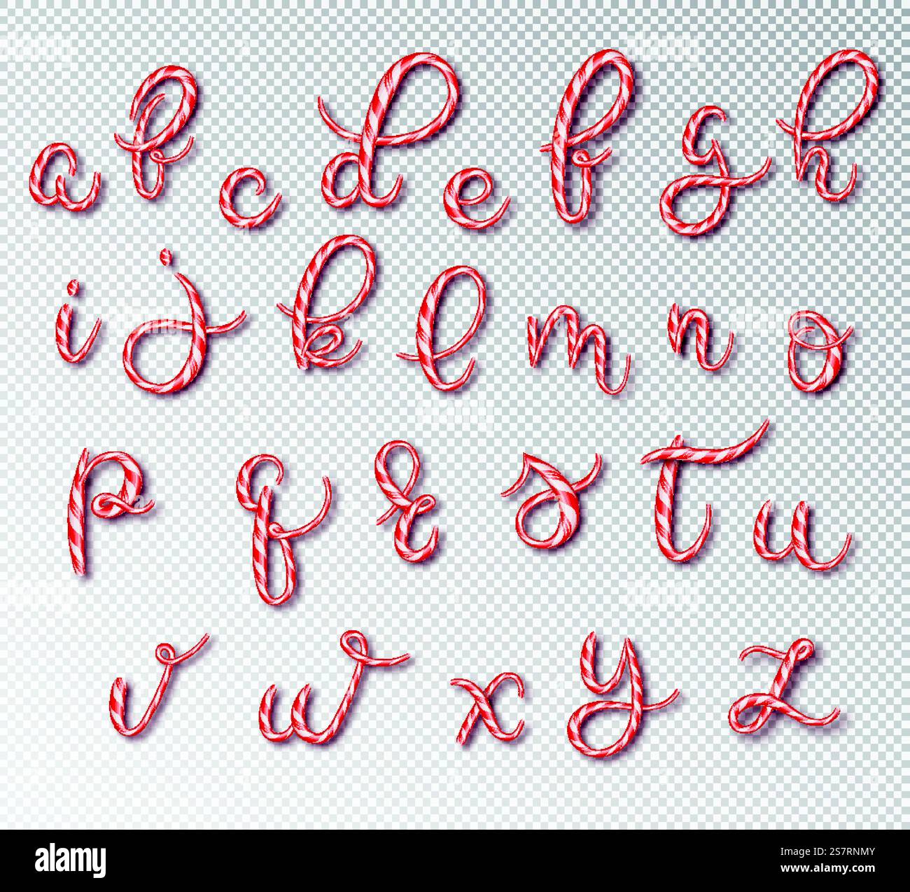 Weihnachtsschmuck mit Zuckerrohr. Schriftart mit Karamellbuchstaben. Süßes 3D-Alphabet isoliert. Vektorabbildung 10 EPS.. Weihnachtsschmuck mit Zuckerrohr. Schriftart mit Karamellbuchstaben. Süßes 3D-Alphabet isoliert. Vektorabbildung 10 EPS Stock Vektor