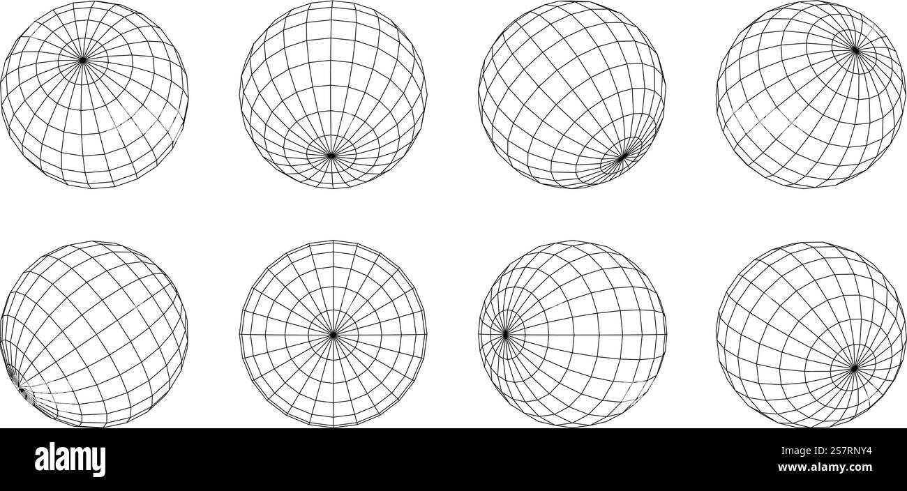 Drahtmodellkugel mit verbundenen Linien isoliert. Abstrakte Gittergloben in verschiedenen Positionen. 3D-Design-Technologie... Drahtmodellkugel mit verbundenen Linien isoliert. Abstrakte Gittergloben in verschiedenen Positionen. 3D-Design-Technologie Stock Vektor