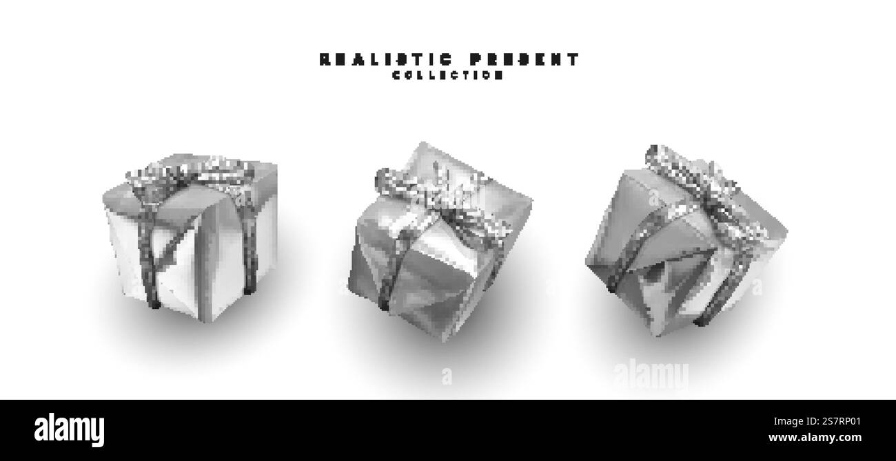 Set aus silbernen Geschenkboxen, quadratische Formen. Realistisches 3D-Design mit weißen Überraschungsboxen und Geschenkgeschenken. Vektorabbildung Stock Vektor