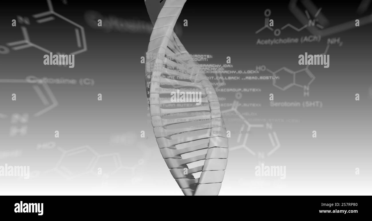 Abbildung des dna-Strangs und der wissenschaftlichen Datenverarbeitung Stockfoto