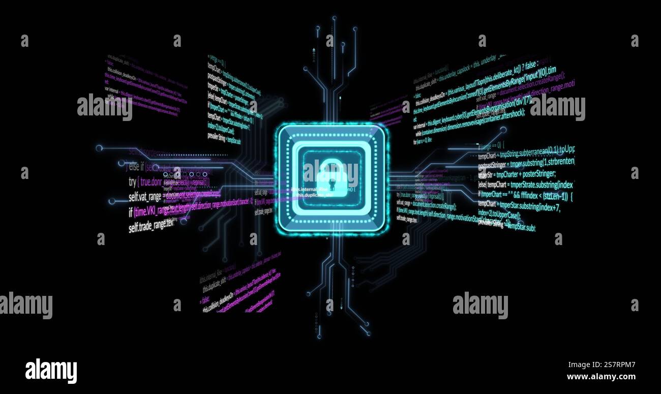 Cyber Security Lock-Symbol über digitalem Code und Leiterplattenbild Stockfoto