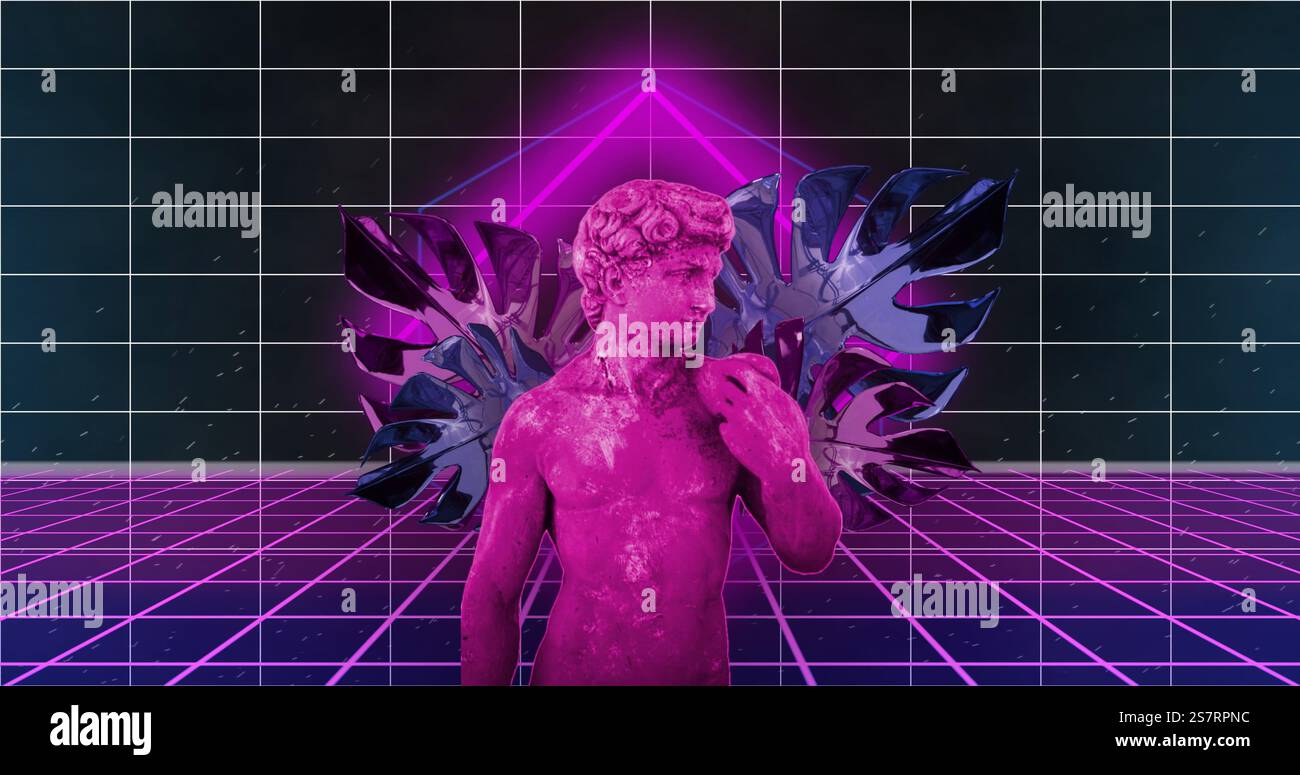 Bild mit Glitcheffekt über neonrosa Statue mit tropischen Blättern und Gitterhintergrund Stockfoto