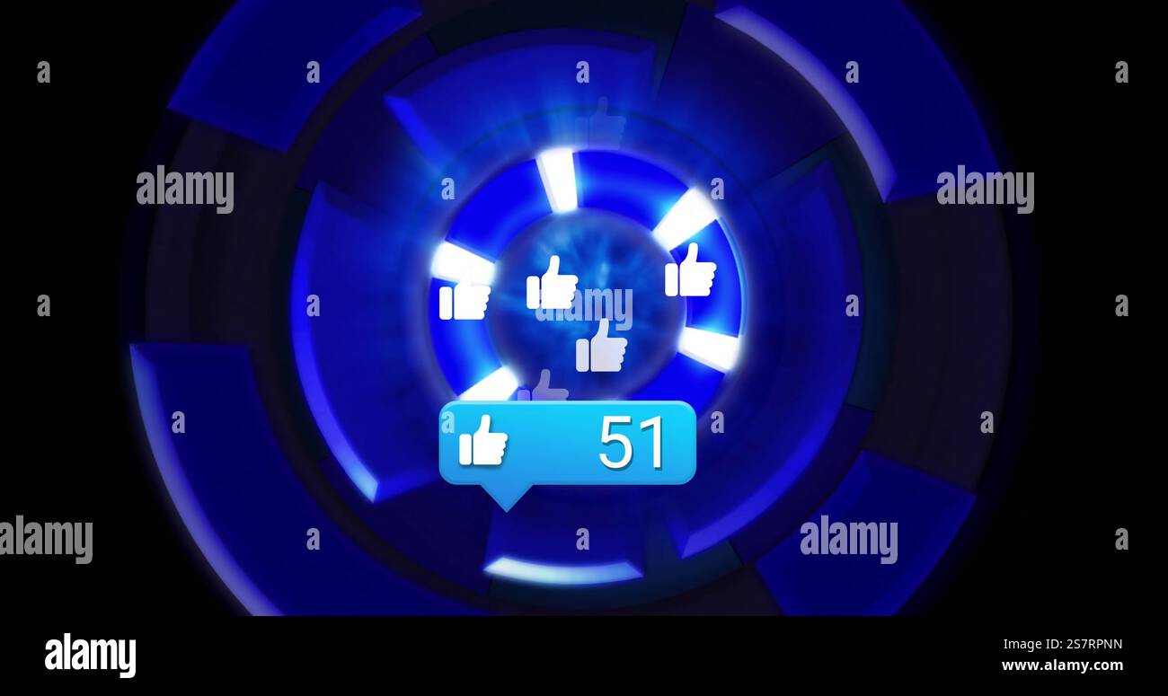 Daumen hoch Symbole und 38 Text über blauem kreisförmigem Bildhintergrund Stockfoto