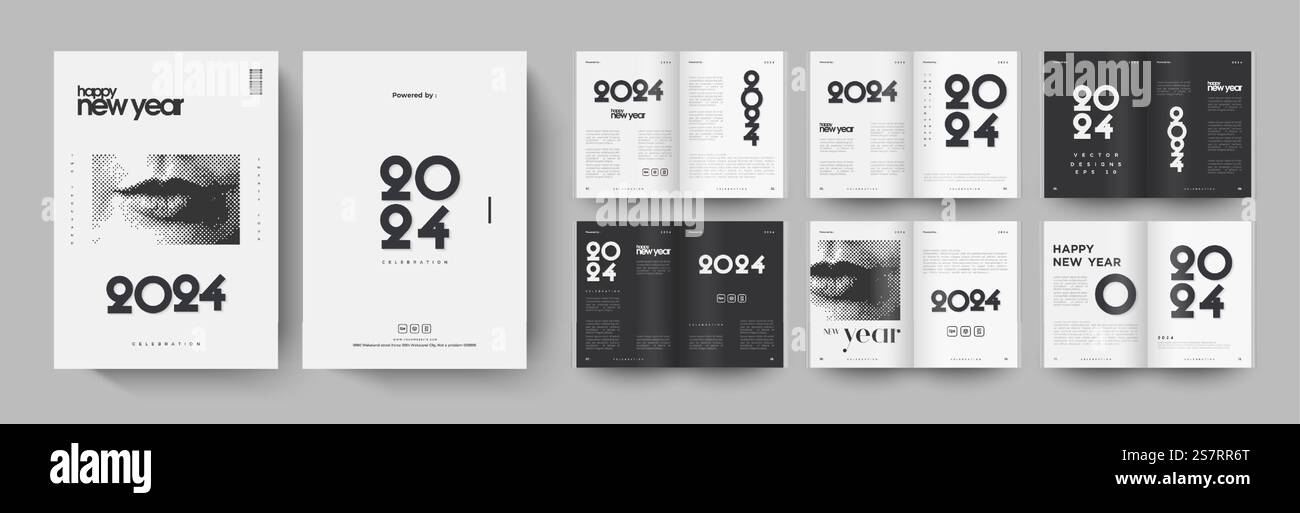 Design des Magazins „Happy New Year 2024“. Mit Lippen-Illustration, Vektor-Hintergrund-Strichgrafik. Premium-Vektor für Zeitschriften, Poster oder Einladungen zum Neujahr 2024. Stock Vektor