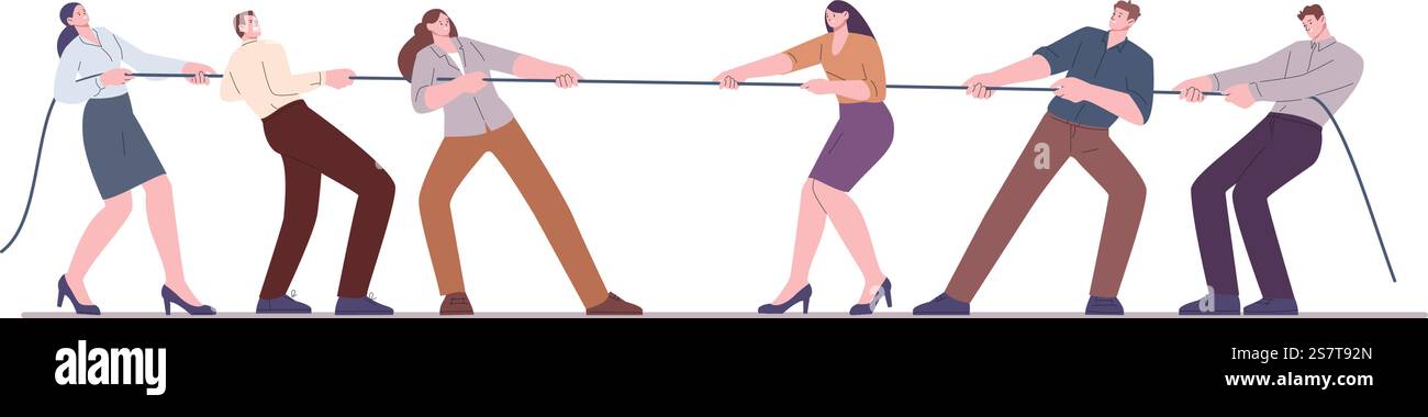 Büroteams ziehen Seil. Konkurrierende Unternehmensgruppen, soziale Konflikte der Menschen. Firmenwettbewerb, Person im Anzug ziehen Ziehen Kicky Vektor Konzept der Wettbewerb Team Rivalität Illustration. Büroteams ziehen Seil. Konkurrierende Unternehmensgruppen, soziale Konflikte der Menschen. Firmenwettbewerb, Person im Anzug ziehen Kicky Vektor Konzept Stock Vektor