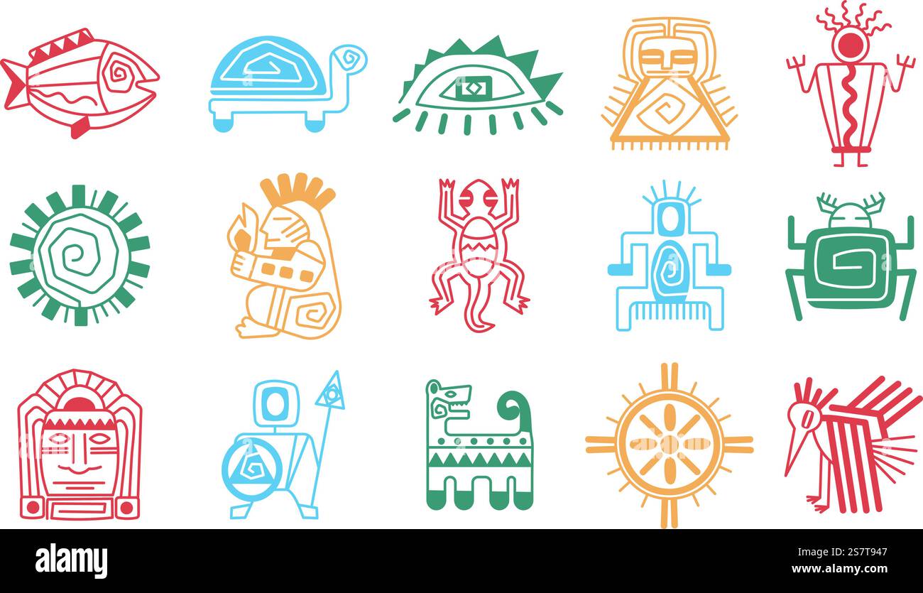 Maya azteken Totem isolierte Symbole. Mexikanische Zeichen, Sonne, Schildkröte, Tiki-Köpfe. Indigene indische Stammesgottsymbole. Abstraktes Chamäleon, anständige Vektorsatz der mexikanischen azteken und alten maya Illustration. Maya azteken Totem isolierte Symbole. Mexikanische Zeichen, Sonne, Schildkröte, Tiki-Köpfe. Indigene indische Stammesgottsymbole. Abstraktes Chamäleon, anständiger Vektorsatz Stock Vektor