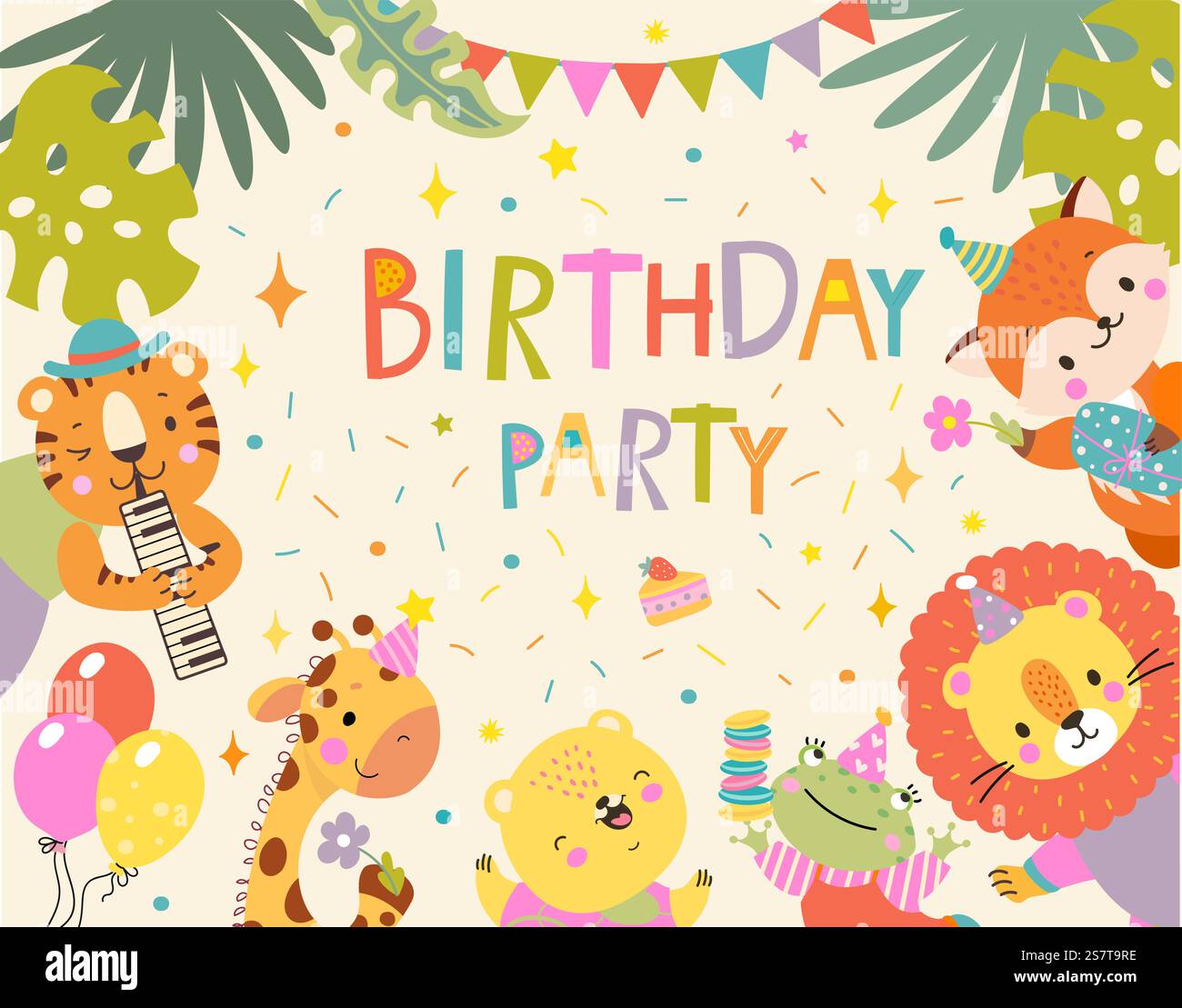 Geburtstagstier Einladung, Dschungel Tiere Banner Design. Kinder exotische Zoofiguren, Giraffe, Fuchs und Löwe. Cartoon heutzutage Vektorkarte des Tierdesigns Einladung, Muster Ereignis Illustration. Geburtstagstier Einladung, Dschungel Tiere Banner Design. Kinder exotische Zoofiguren, Giraffe, Fuchs und Löwe. Cartoon heutzutage Vektorkarte Stock Vektor