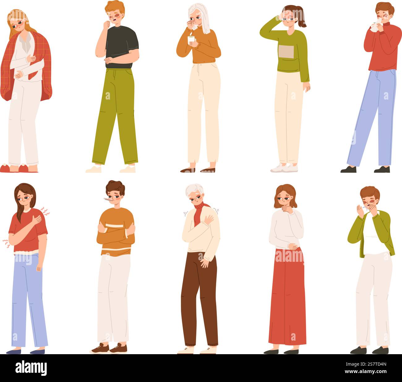 Erkältungssymptome, Niesen und Husten. Kranke Menschen, Teenager haben Grippe oder Virus. Krankheit Kinder, verschiedene Schmerzen eng Vektor Zeichen mit Grippe und Kälte Krankheit Illustration. Erkältungssymptome, Niesen und Husten. Kranke Menschen, Teenager haben Grippe oder Virus. Kranke Kinder, verschiedene schmerzhafte Vektorfiguren Stock Vektor