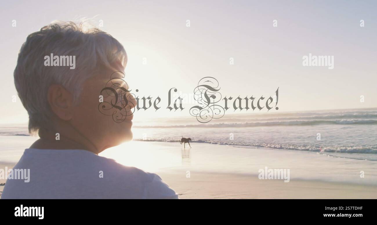 Person am Strand mit Vive la France! Textbild über Meeresblick Stockfoto