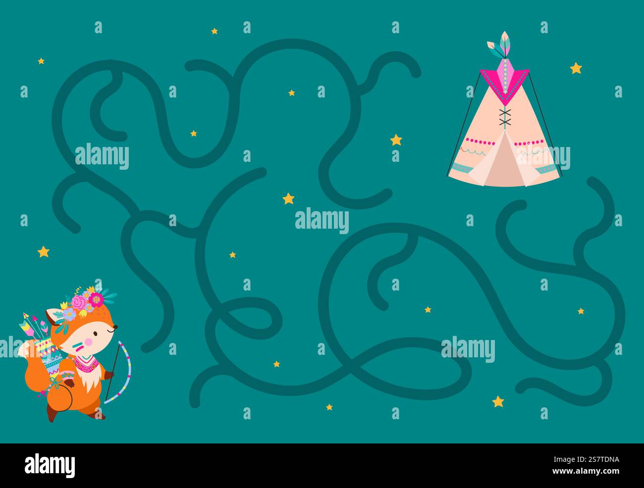 Kinder labyrintieren den Spielort mit niedlichem Comic Fuchs. Waldabenteuer, Waldtiere im Boho-Stil finden ein Haus im Labyrinth, Vektorszene. Illustration des Labyrinths. Kinder labyrintieren den Spielort mit niedlichem Comic Fuchs. Waldabenteuer, Waldtiere im Boho-Stil finden ein Haus im Labyrinth, Vektorszene Stock Vektor