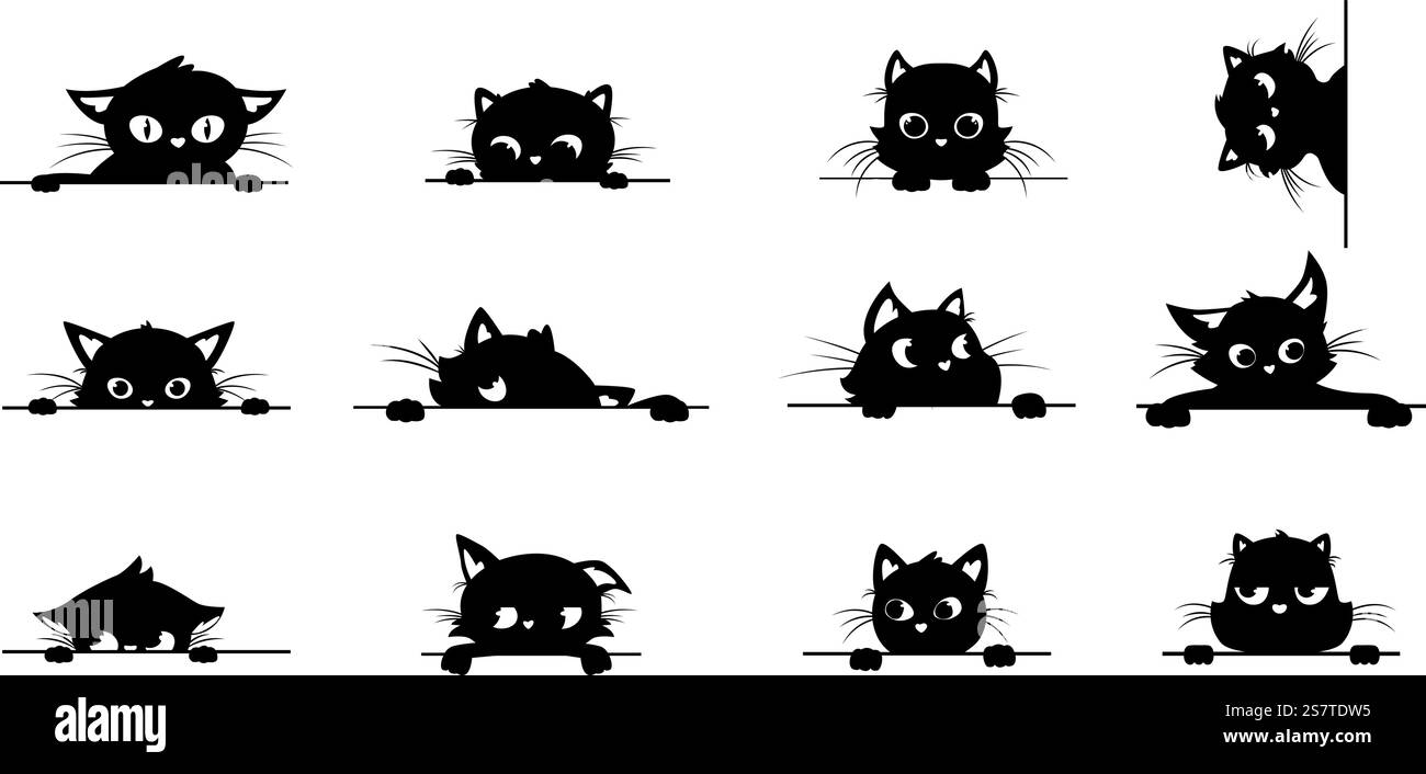 Schwarze Katze guckt, spioniert Katzen aus der Ecke. Kreative grafische Silhouetten mit großen Augen. Guck Kätzchen, schauende und verspielte kuschelige Vektoraufkleber Tierkatze, Spion Katzenillustration. Schwarze Katze guckt, spioniert Katzen aus der Ecke. Kreative grafische Silhouetten mit großen Augen. Guck Kätzchen, aussehende und verspielte, kuschelige Vektoraufkleber Stock Vektor