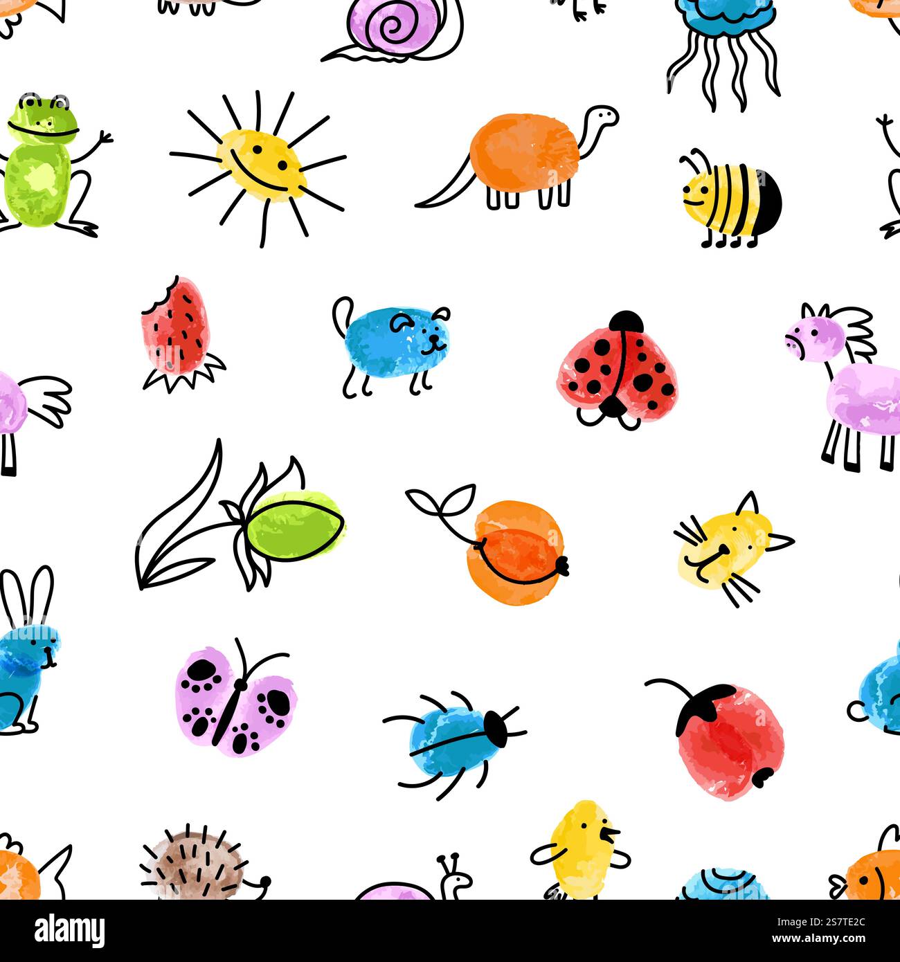 Nahtloses Muster im Tierstil. Abstrakter Kinderdruck, Fingerabdrücke von Blumen. Natur, Fisch und Hund, Sonne und Früchte Vektor Hintergrund des Musters Reptil und Drache, Dino und Frosch Illustration. Nahtloses Muster im Tierstil. Abstrakter Stoffdruck für Kinder, Fingerabdrücke von Blumen. Natur, Fisch und Hund, Sonne und Früchte Vektor Hintergrund Stock Vektor