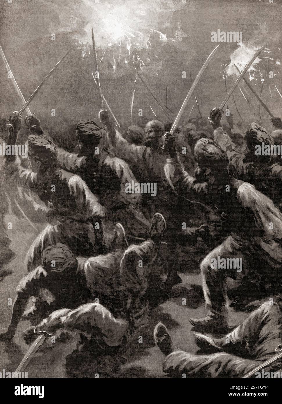 Die Kämpfe an der indischen Grenze: Die Wirkung der Sternenschale. Der Ansturm der Ghazis auf Sir Bindon Blood's Lager in Nawagai wurde durch die Artillerie enthüllt, die Sternenhülle am 20. September 1897 abfeuerte. Aus der Graphic Illustrated Weekly Zeitung, erschienen 1897. Stockfoto