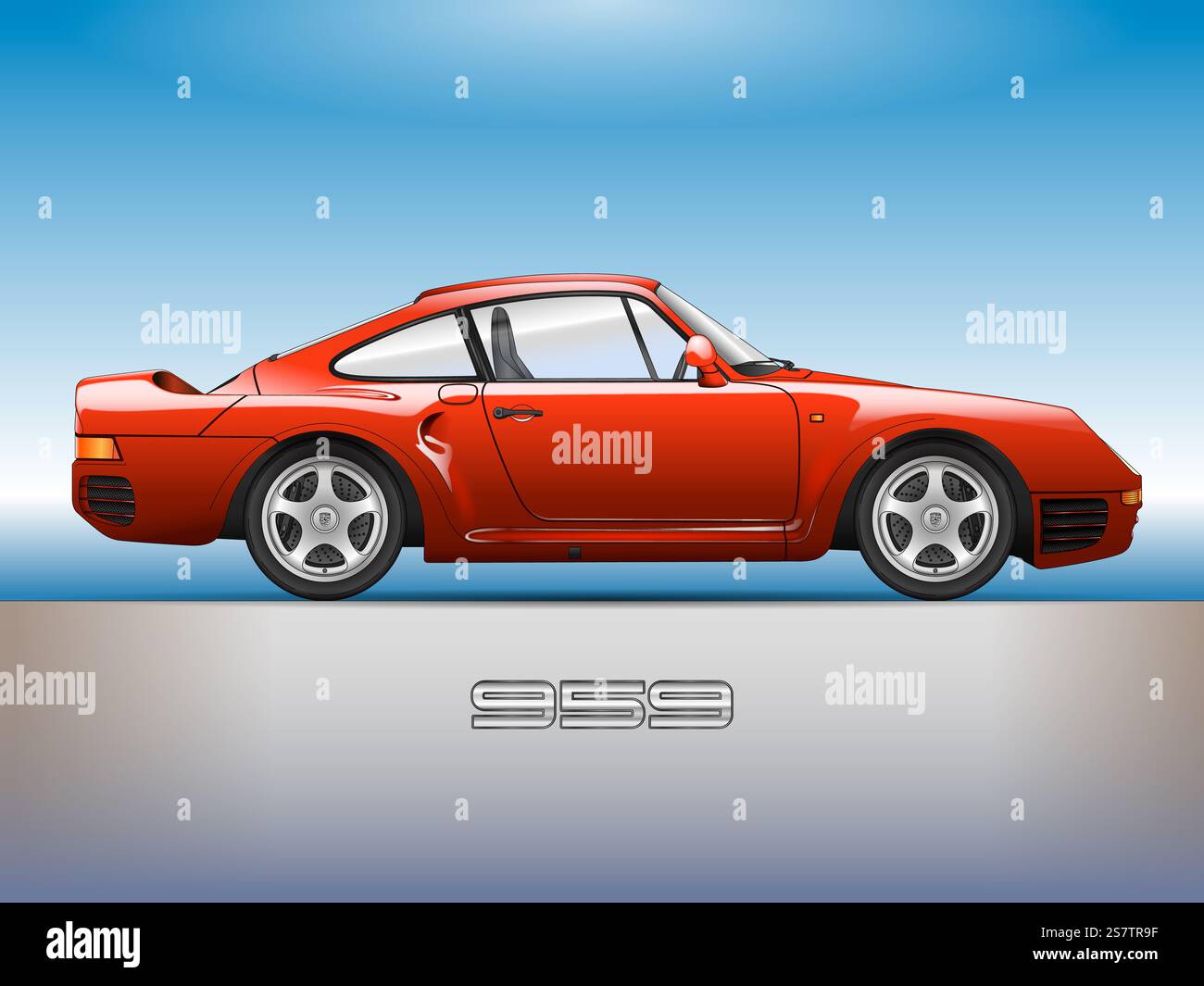 Deutschland, Jahr 1986, Porsche 959 Oldtimer und klassischer Sportwagen, umrissene Silhouette, farbige Abbildung Stockfoto
