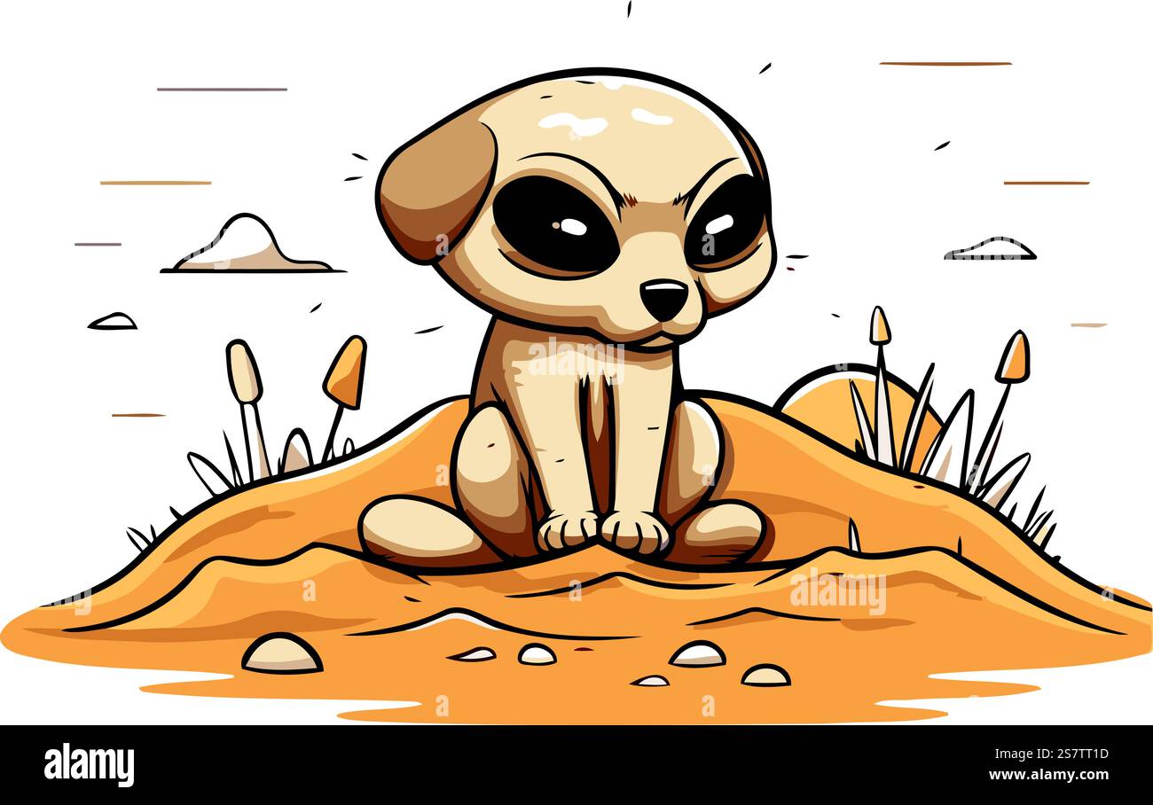 Niedliches Cartoon-Erdmännchen, das auf dem Sand sitzt. Vektorabbildung Stock Vektor