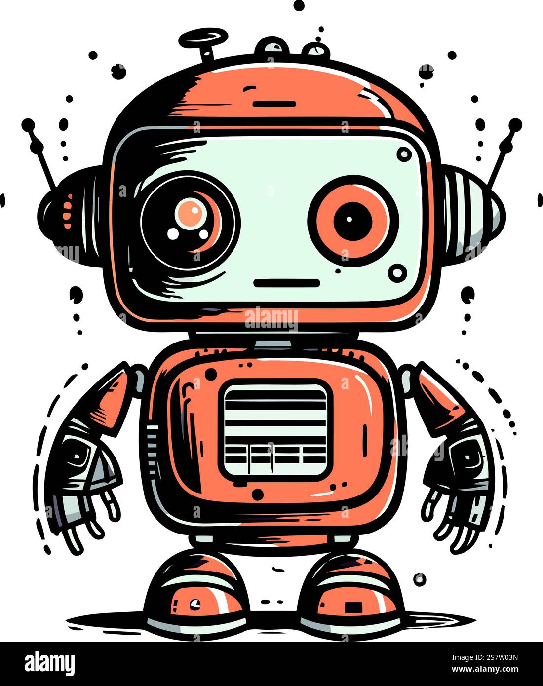 Niedlicher Karikaturroboter. Handgezeichnete Vektorgrafik. Isoliert auf weißem Hintergrund. Stock Vektor