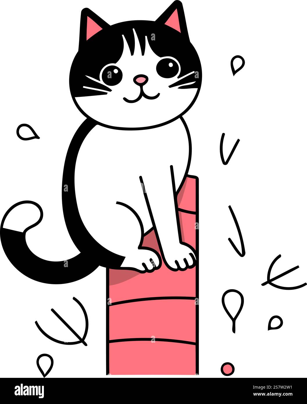 Niedliche Karikaturkatze, die auf einer Ziegelwand sitzt. Vektorabbildung. Stock Vektor