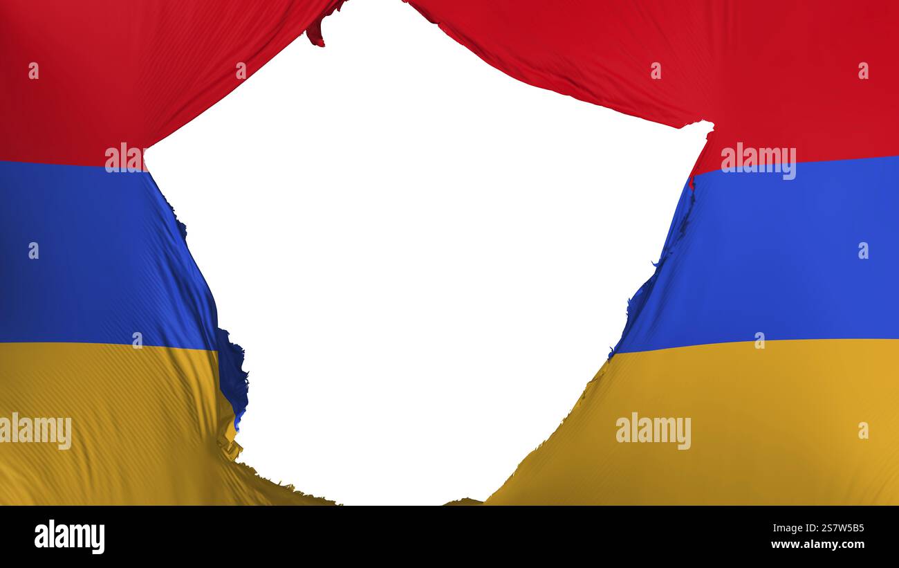 Risse in Armenien Flagge, weißer Hintergrund, 3D-Rendering Stockfoto
