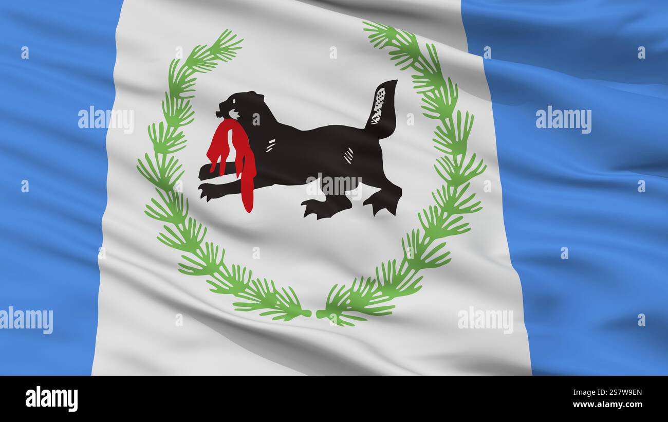 Flagge der Stadt Irkutsk, Land Russland, Oblast Irkutsk, Nahansicht, 3D-Rendering Stockfoto
