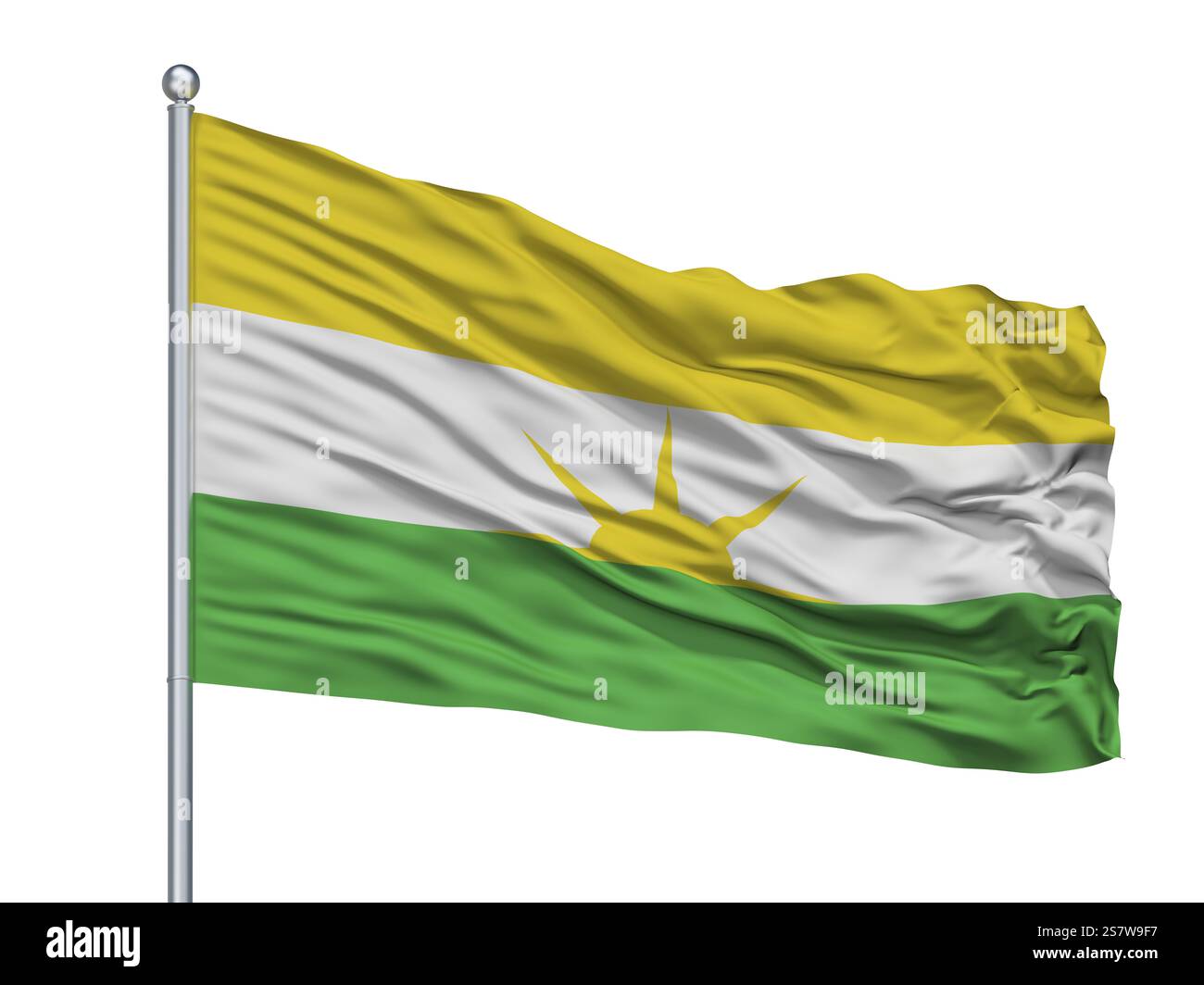 San Luis de Palenque Stadtflagge am Fahnenmast, Land Kolumbien, Abteilung Casanare, isoliert auf weißem Hintergrund, 3D-Rendering Stockfoto