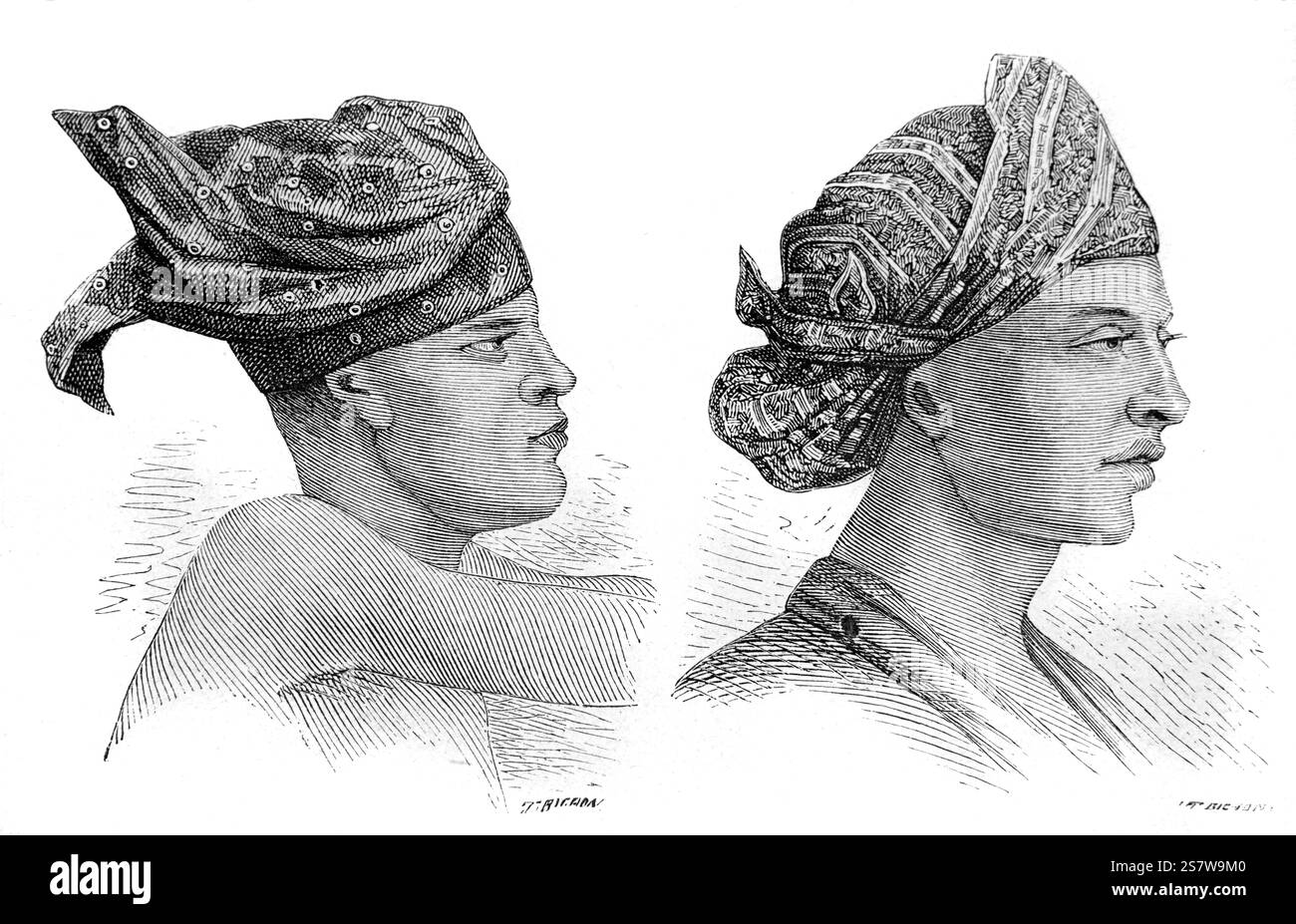 Porträt des javanischen und malaiischen Mannes mit traditionellem javanischem Kopftuch links und malaiischem Kopftuch rechts in Java Indonesien. Vintage oder historische Gravur oder Illustration 1864 Stockfoto