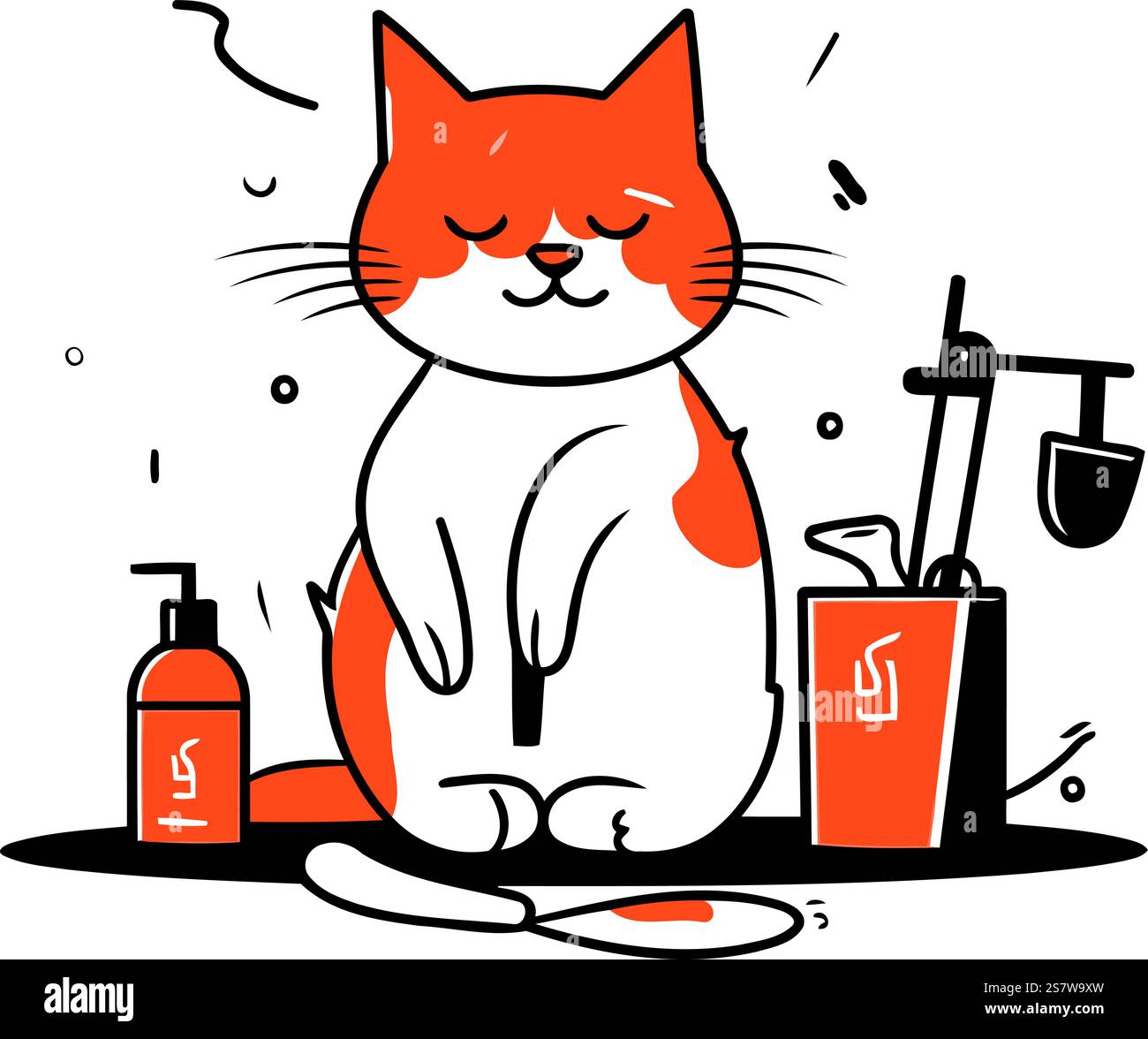 Vektorillustration einer roten Katze, die auf dem Boden sitzt und Geschirr wäscht. Stock Vektor